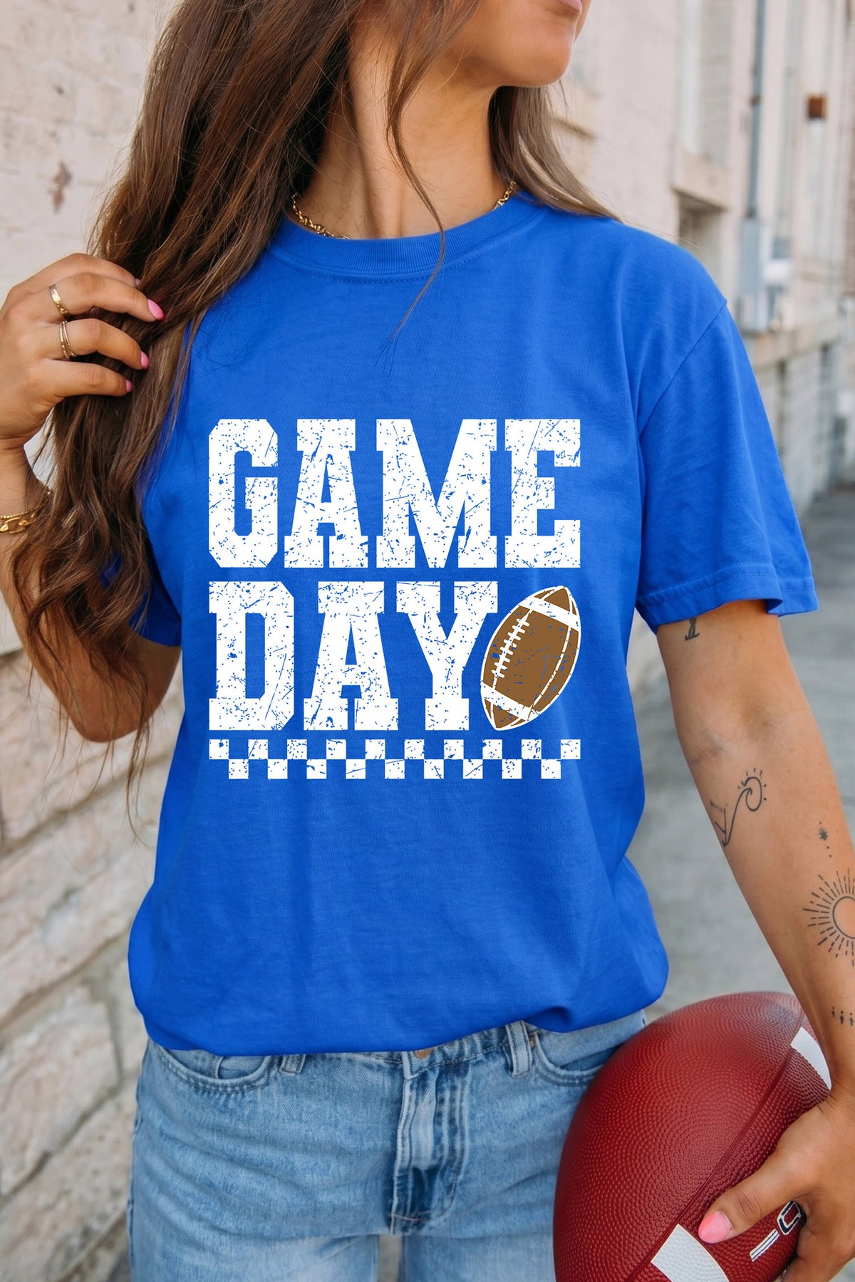 Dark Blue GAME DAY Checkered Print Football Graphic T Shirt