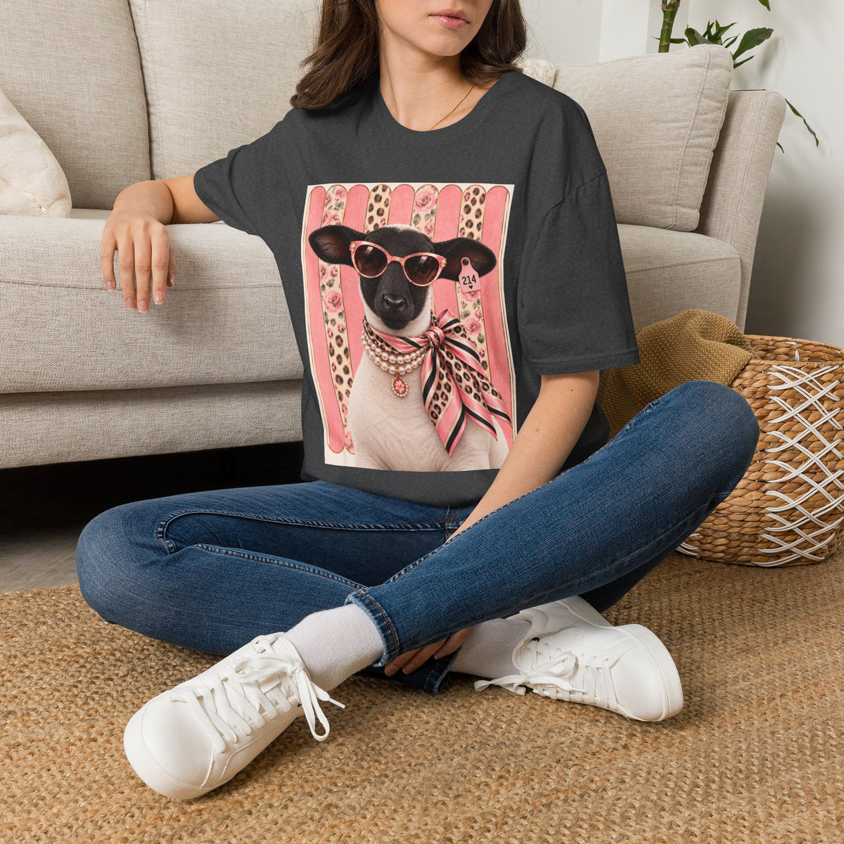 Retro Stylish Sheep T-Shirt — Pink Sunglasses & Polka-Dot Scarf Graphic