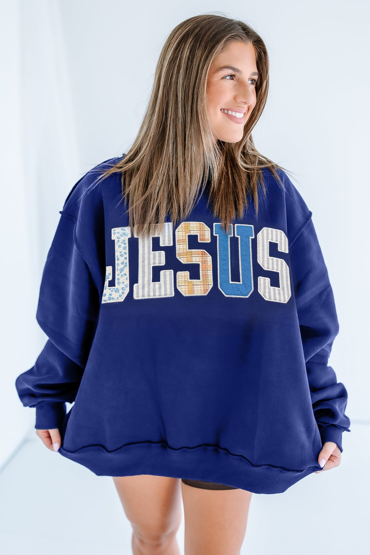 Coffee WWJD Mixed Pattern Embroidered Patch Graphic Mock Neck Sweatshirt