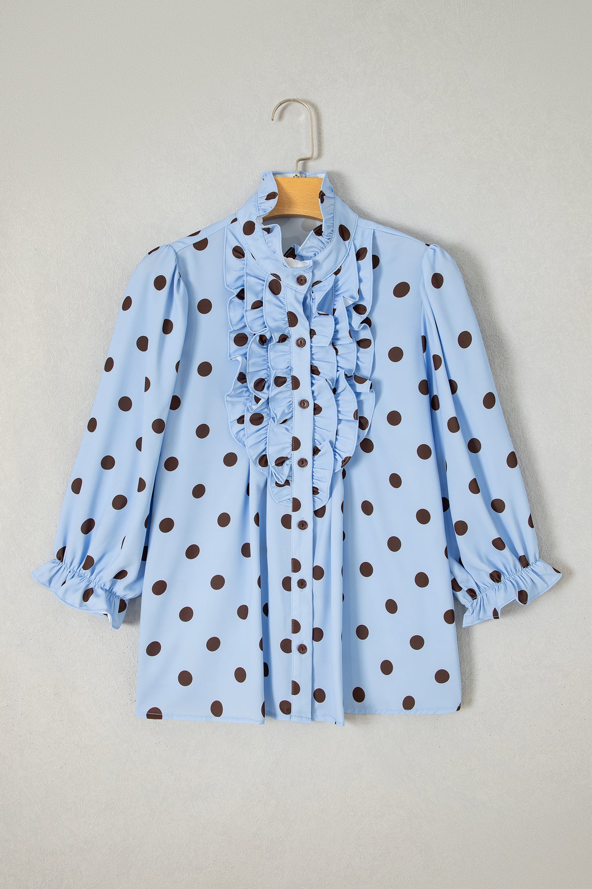 Fiery Red Polka Dot Striped Print Ruffle Stand Neck 3/4 Sleeve Shift Shirt