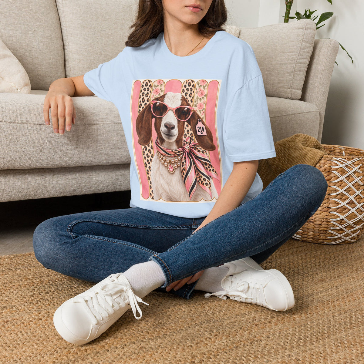 Retro Pink Leopard Goat T-Shirt — Cute Sunglasses Goat Graphic Tee