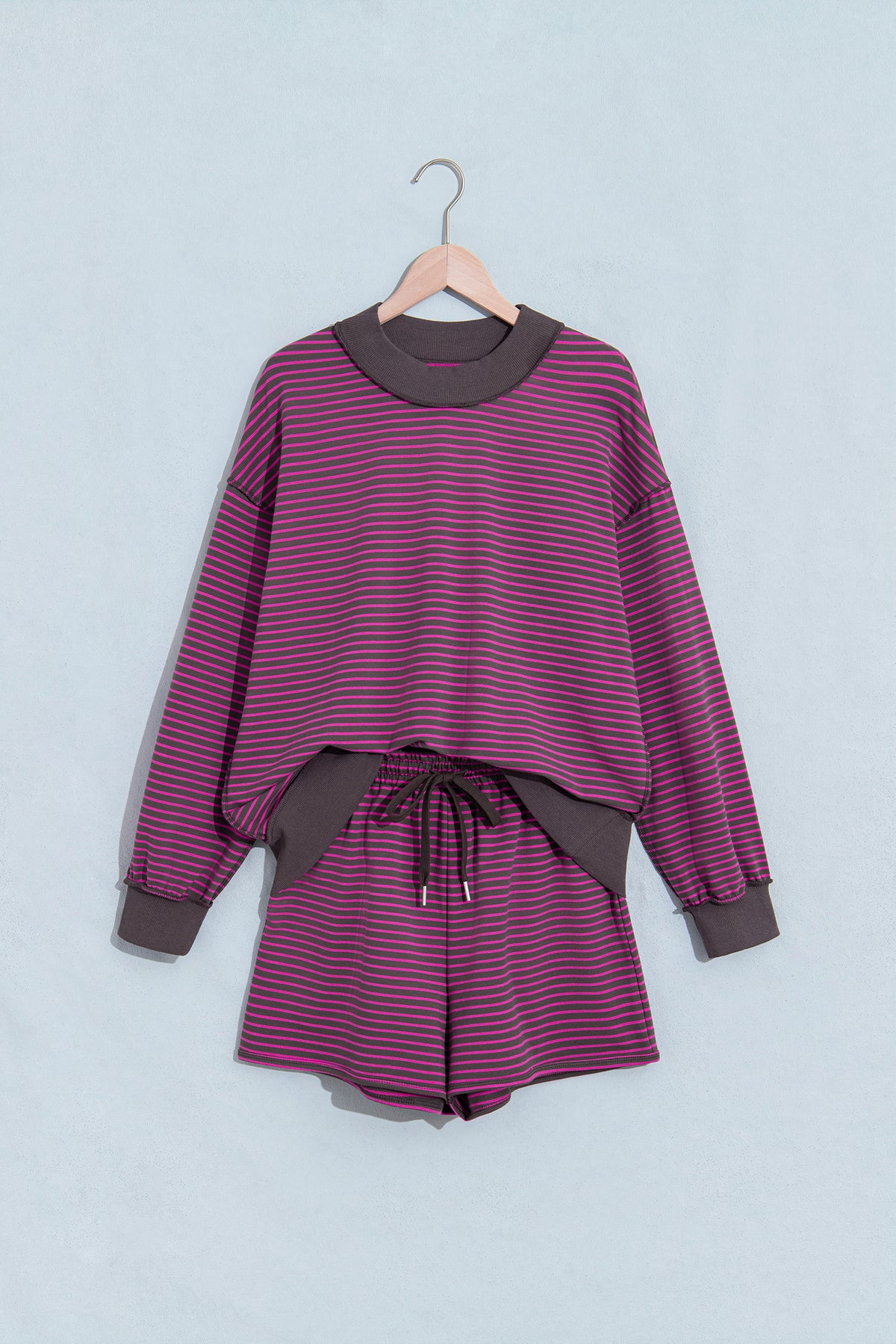 Blue Stripe Ribbed Patchwork Mock Neck Baggy Pullover Matching Shorts Set