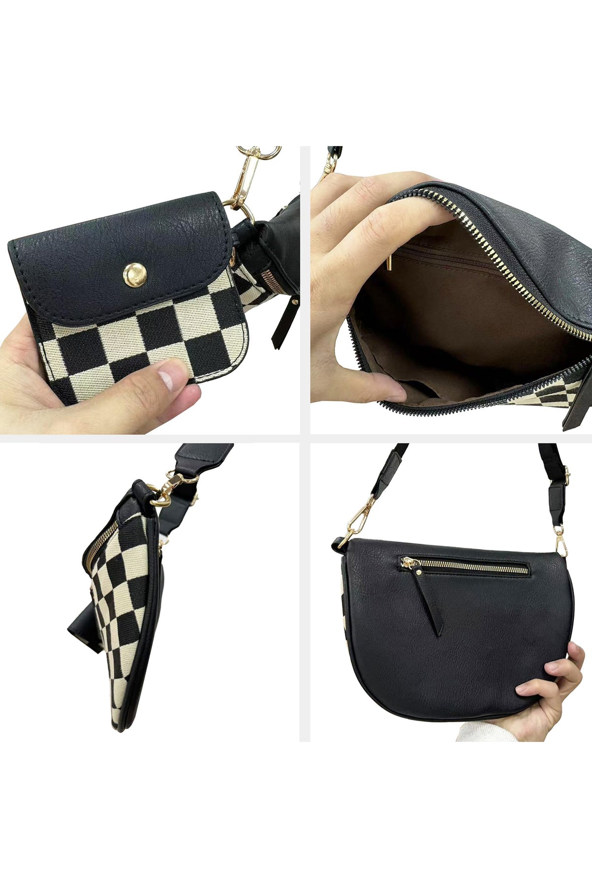 Black PU Leather Checkered Knit Patchwork Wallet Attached Shoulder Bag