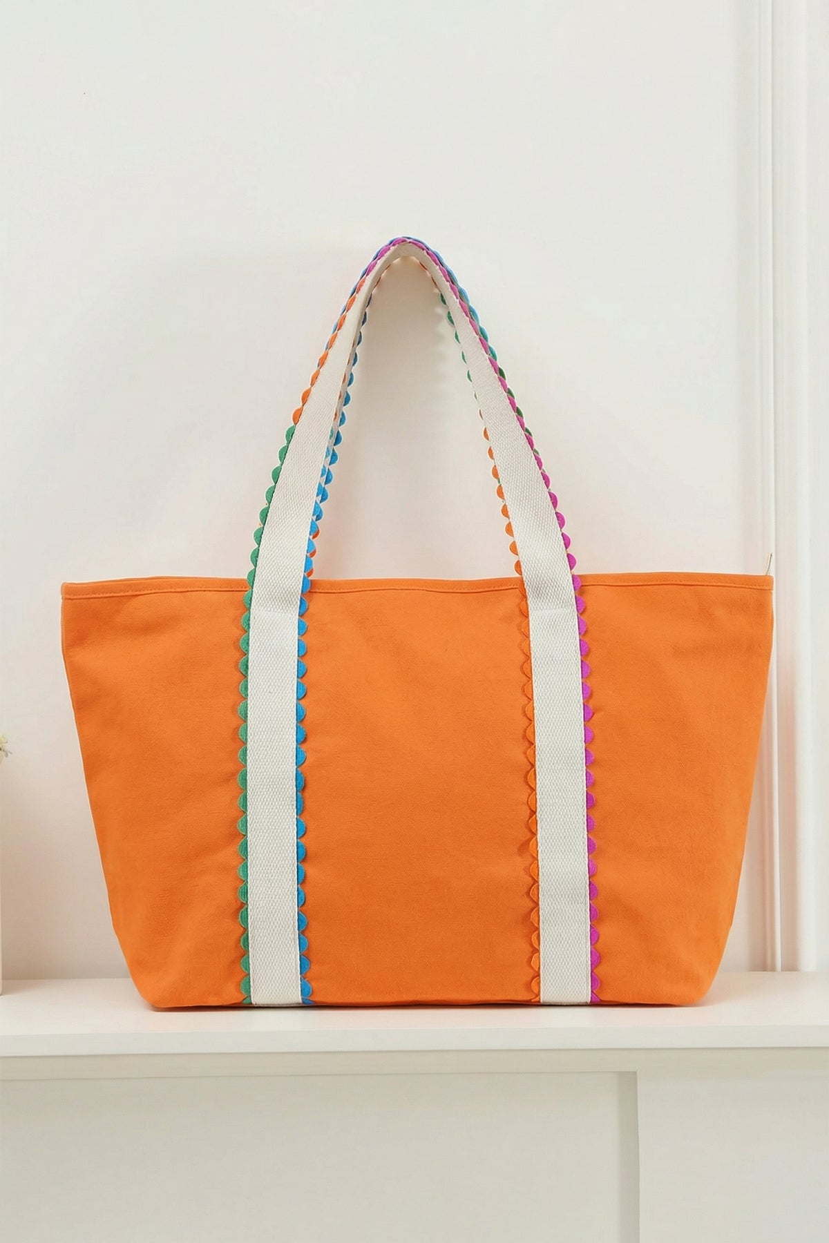 Orange Colorful Ricrac Detail Canvas Tote Bag