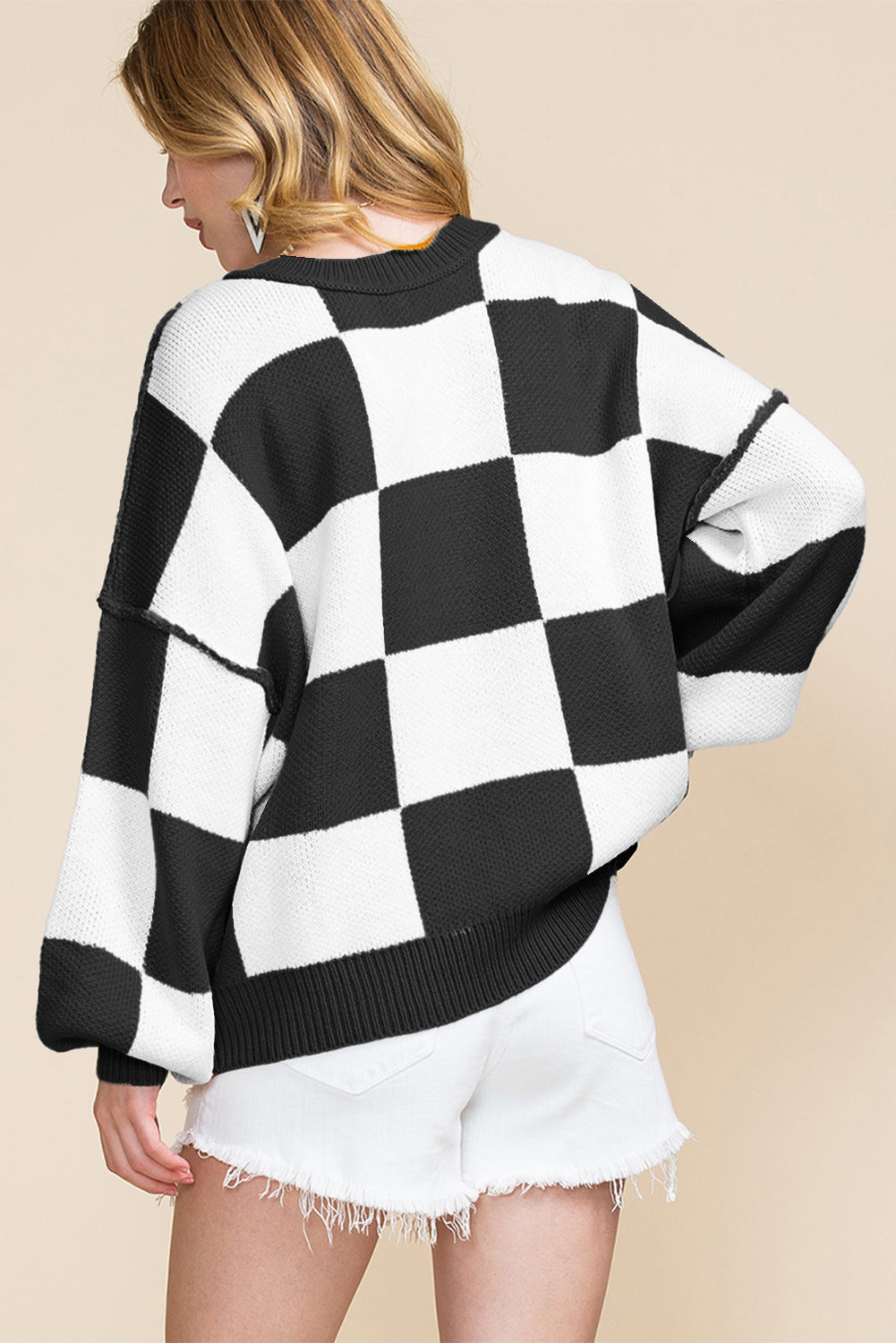 Fiery Red Checkered Bishop Sleeve Sweater