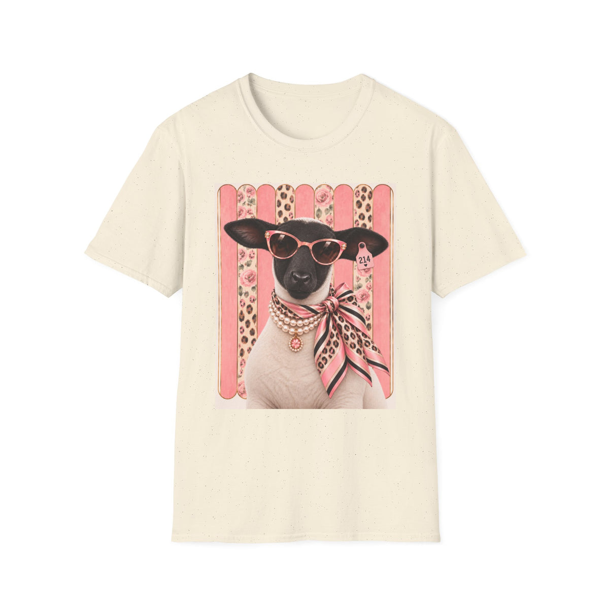 Retro Stylish Sheep T-Shirt — Pink Sunglasses & Polka-Dot Scarf Graphic