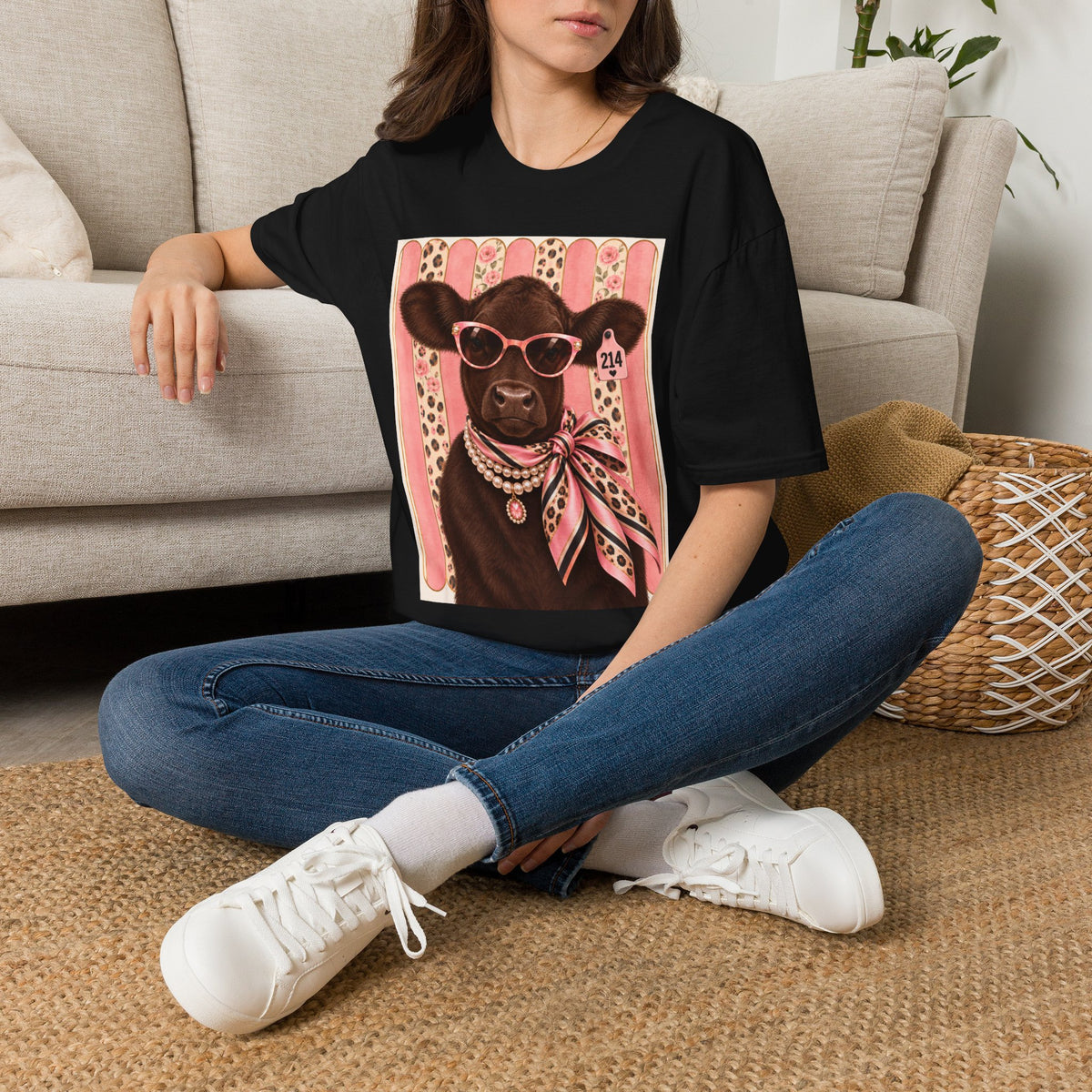 Cow Portrait T-Shirt — Glam Cow with Sunglasses & Scarf