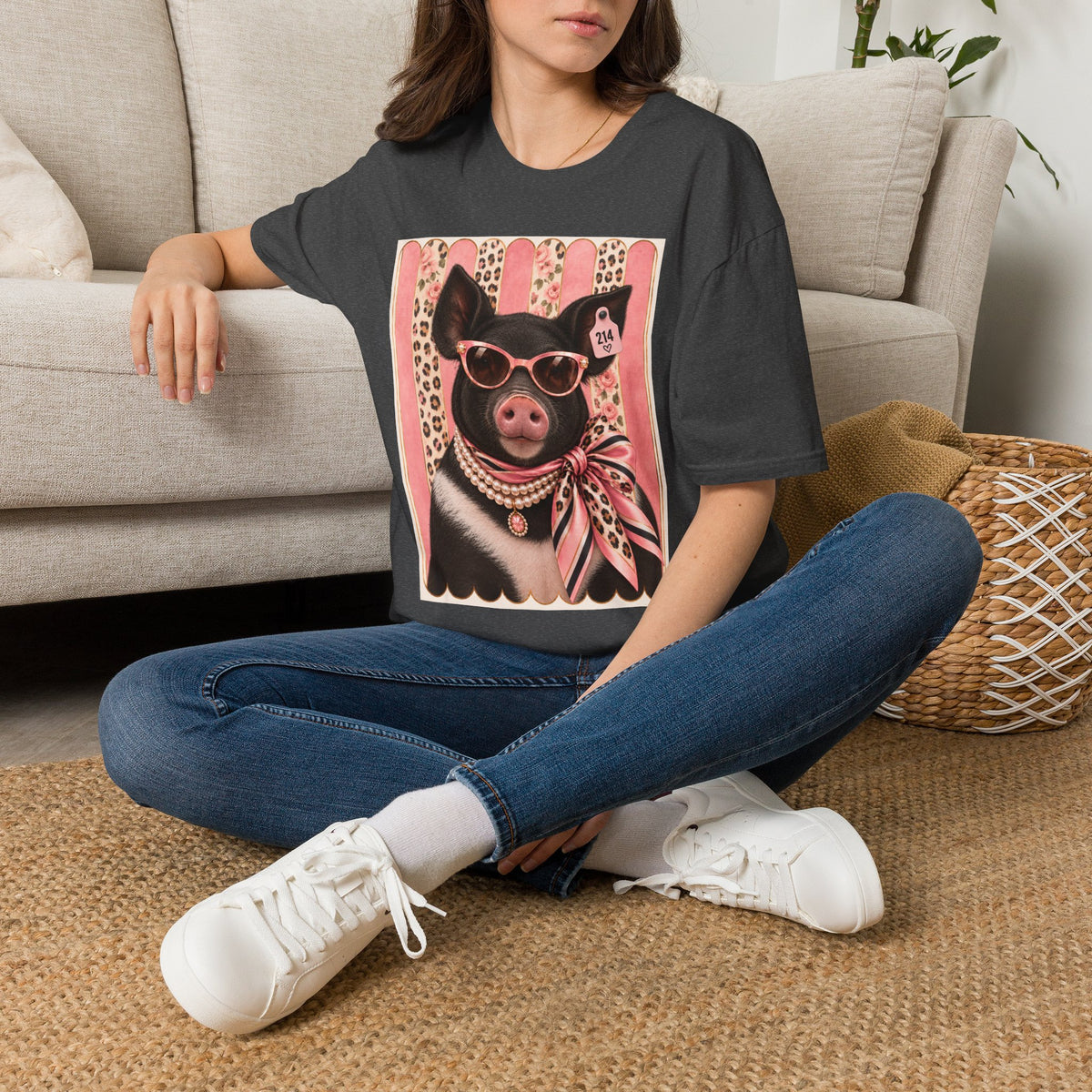 Pig Portrait T-Shirt — Retro Glam Pig with Sunglasses & Scarf
