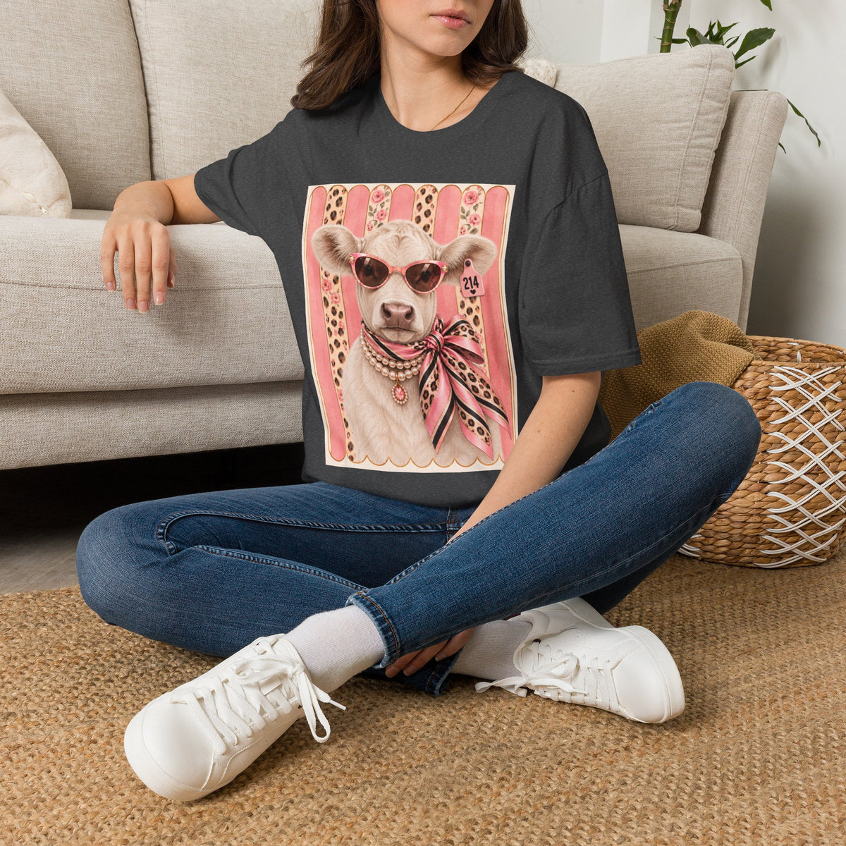 Cow Portrait T-Shirt — Chic Cow with Sunglasses & Scarf Vintage Farm Animal Tee