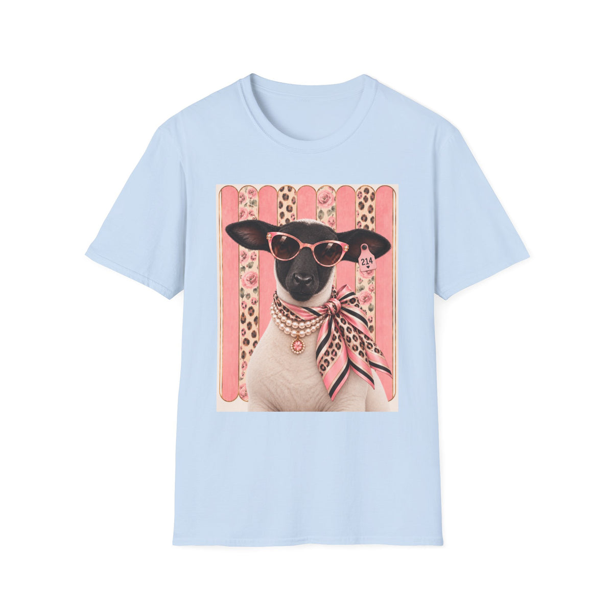 Retro Stylish Sheep T-Shirt — Pink Sunglasses & Polka-Dot Scarf Graphic
