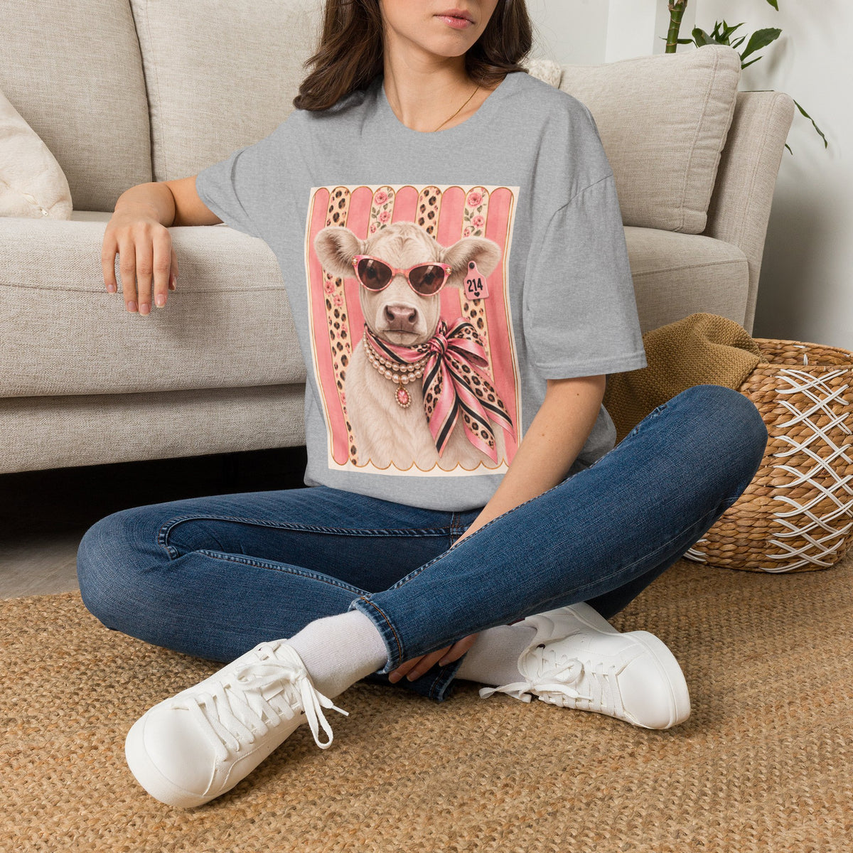 Cow Portrait T-Shirt — Chic Cow with Sunglasses & Scarf Vintage Farm Animal Tee