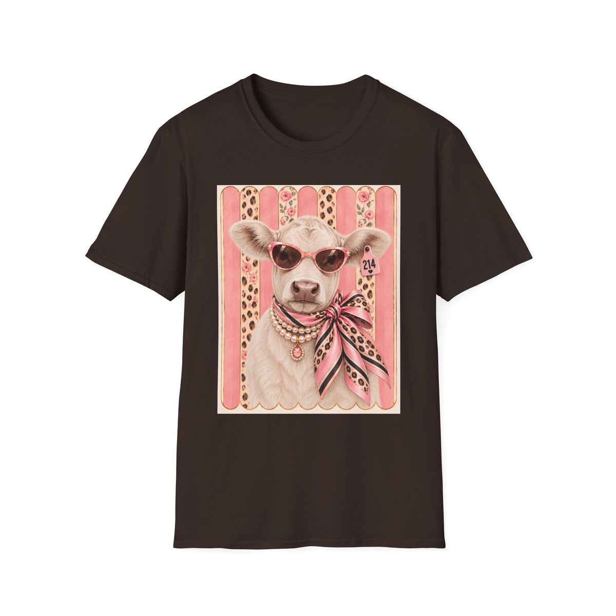 Cow Portrait T-Shirt — Chic Cow with Sunglasses & Scarf Vintage Farm Animal Tee