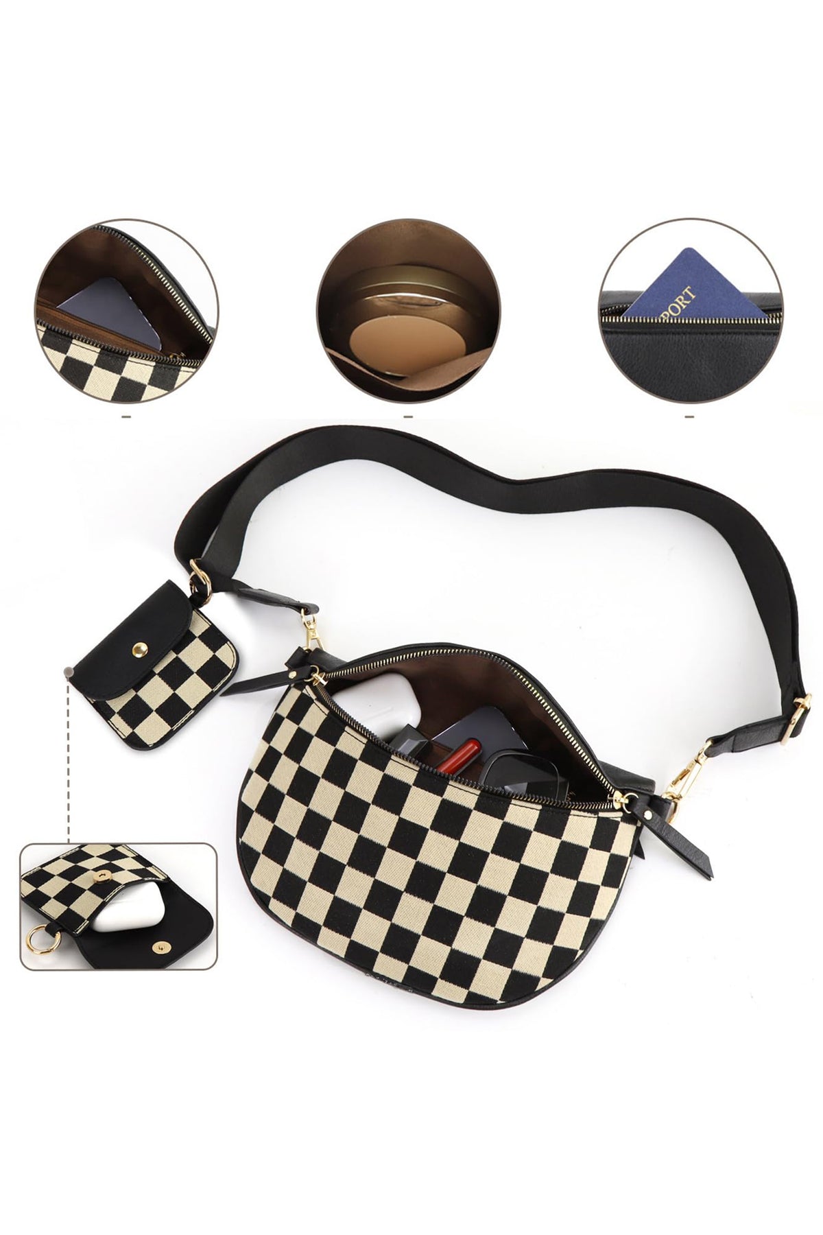 Black PU Leather Checkered Knit Patchwork Wallet Attached Shoulder Bag