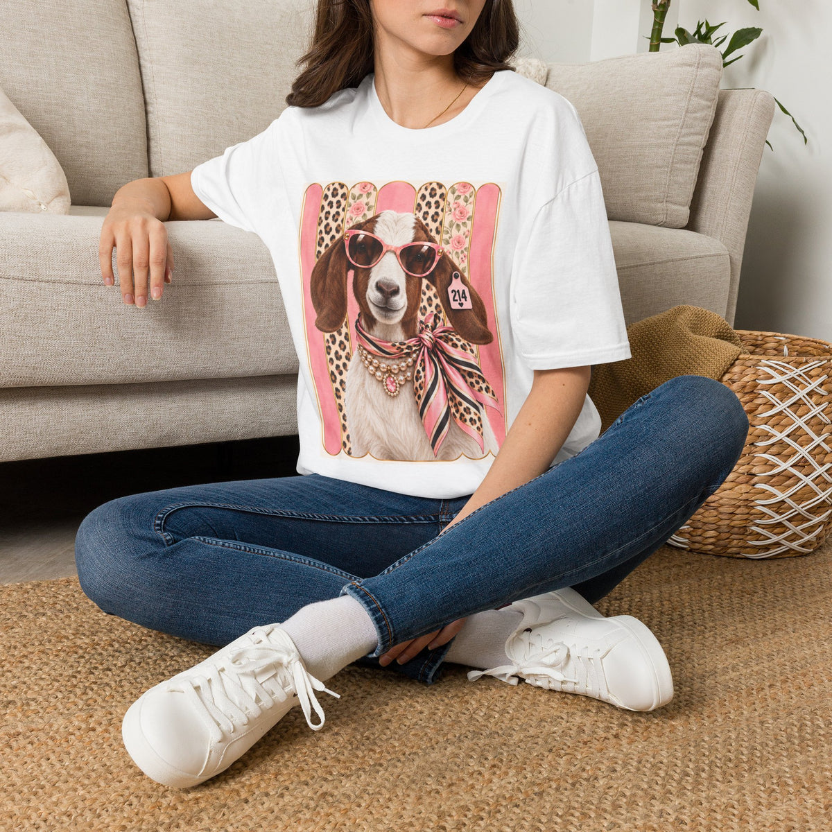 Retro Pink Leopard Goat T-Shirt — Cute Sunglasses Goat Graphic Tee