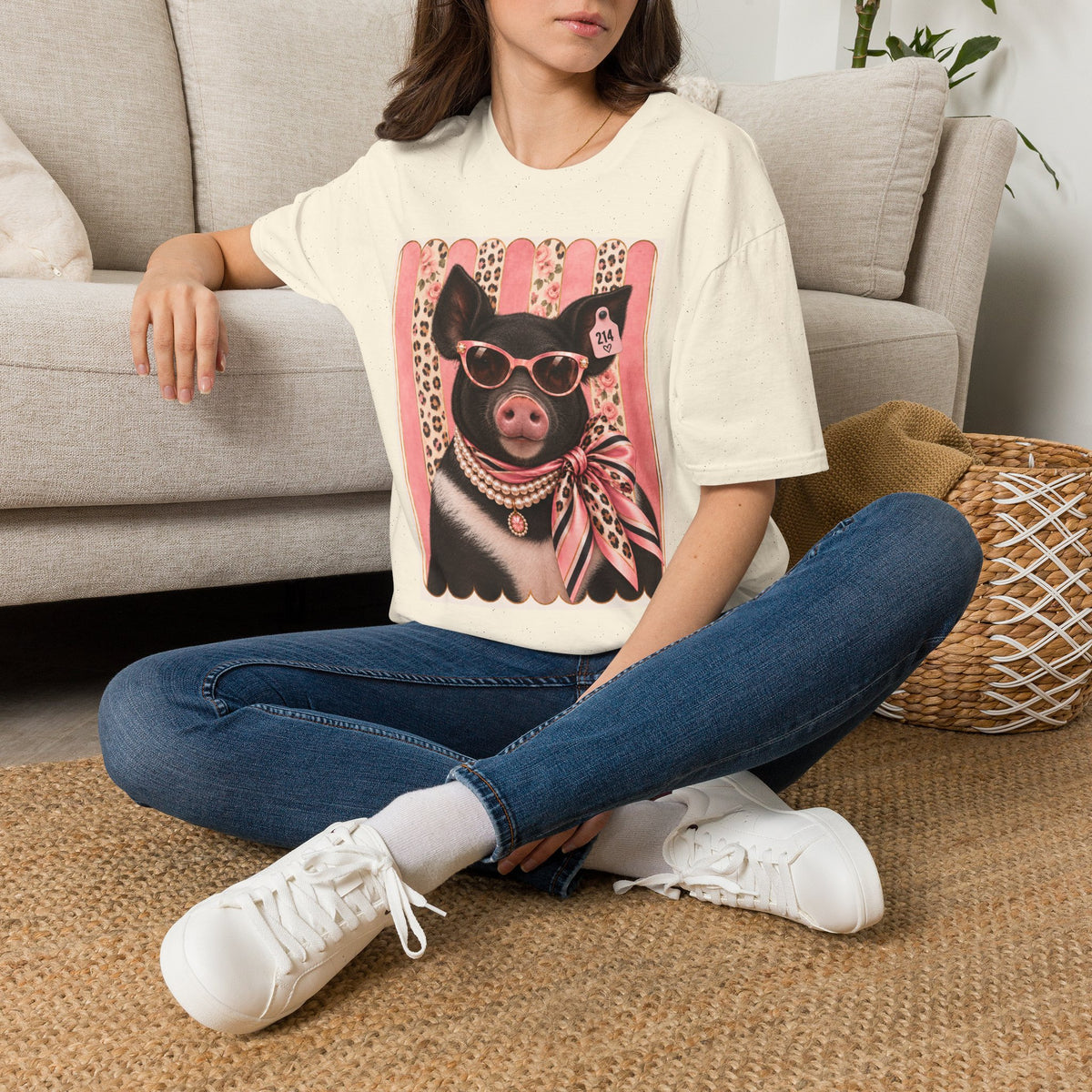Pig Portrait T-Shirt — Retro Glam Pig with Sunglasses & Scarf