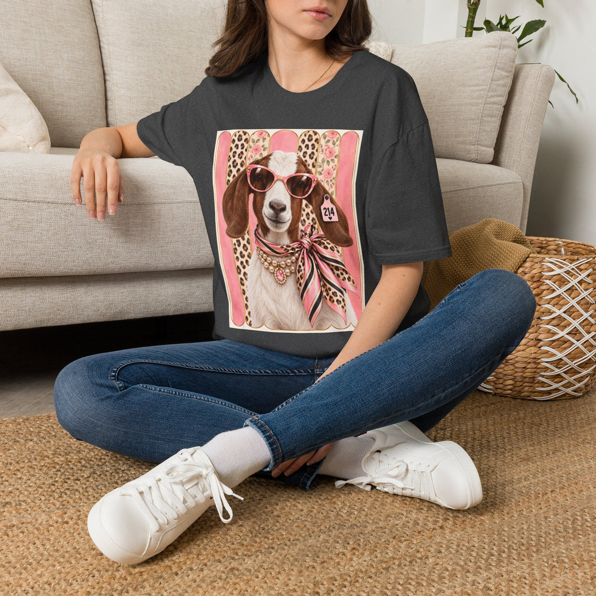 Retro Pink Leopard Goat T-Shirt — Cute Sunglasses Goat Graphic Tee