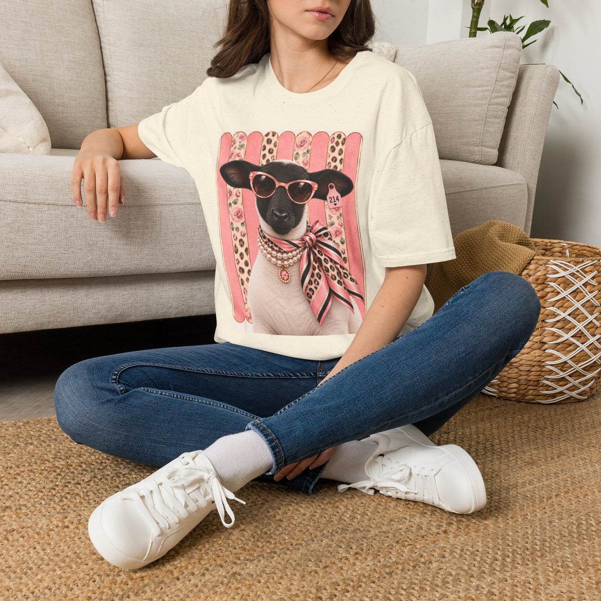 Retro Stylish Sheep T-Shirt — Pink Sunglasses & Polka-Dot Scarf Graphic