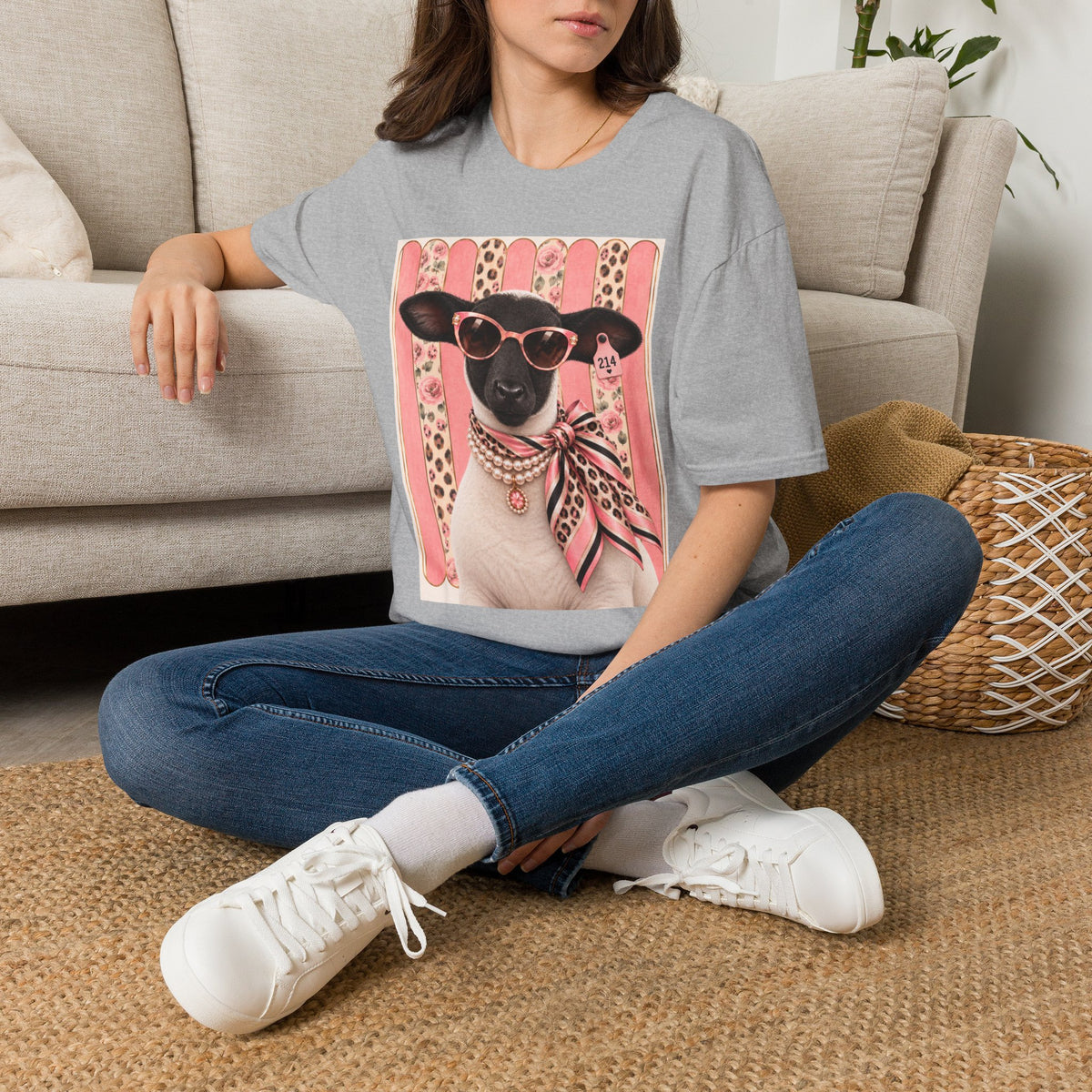 Retro Stylish Sheep T-Shirt — Pink Sunglasses & Polka-Dot Scarf Graphic