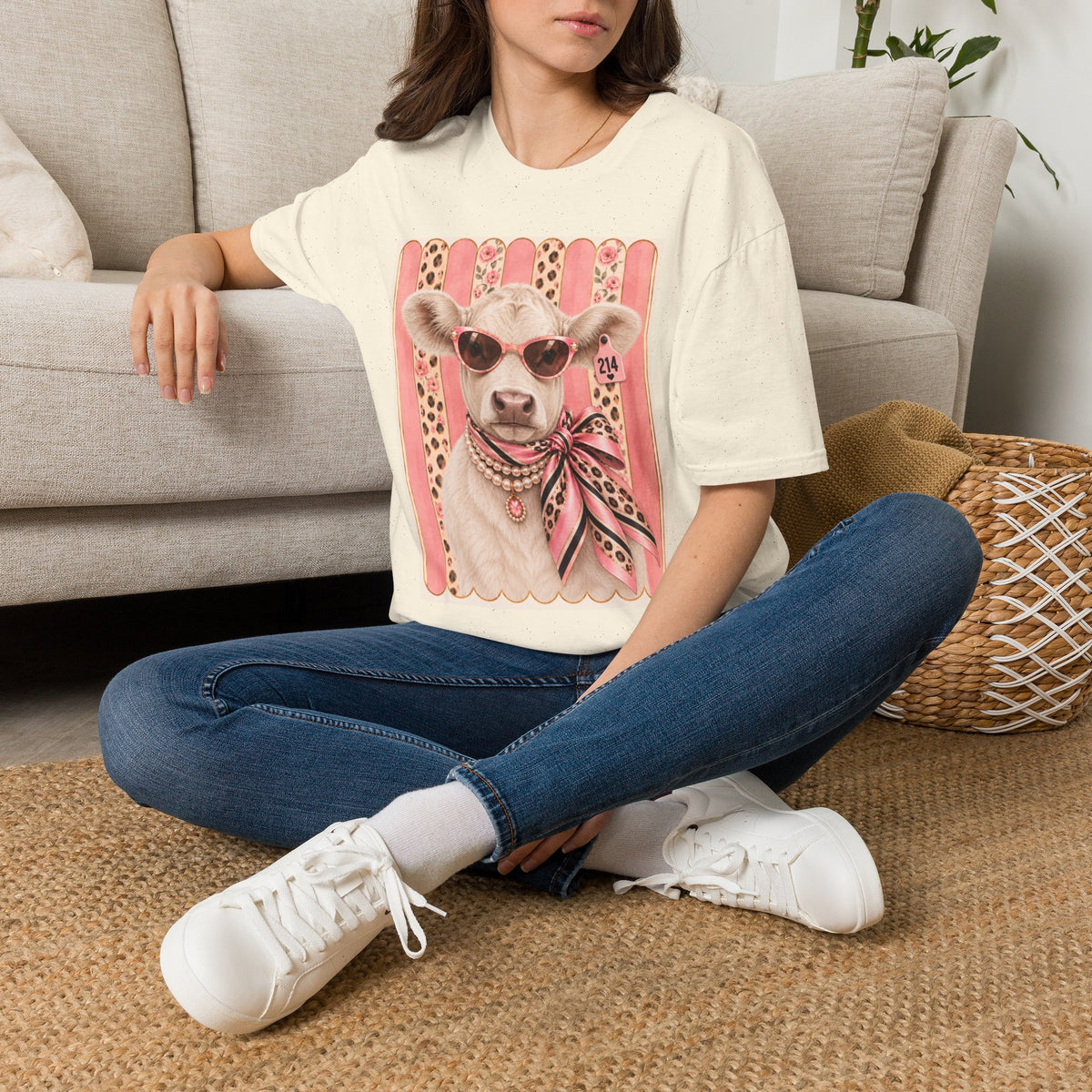 Cow Portrait T-Shirt — Chic Cow with Sunglasses & Scarf Vintage Farm Animal Tee