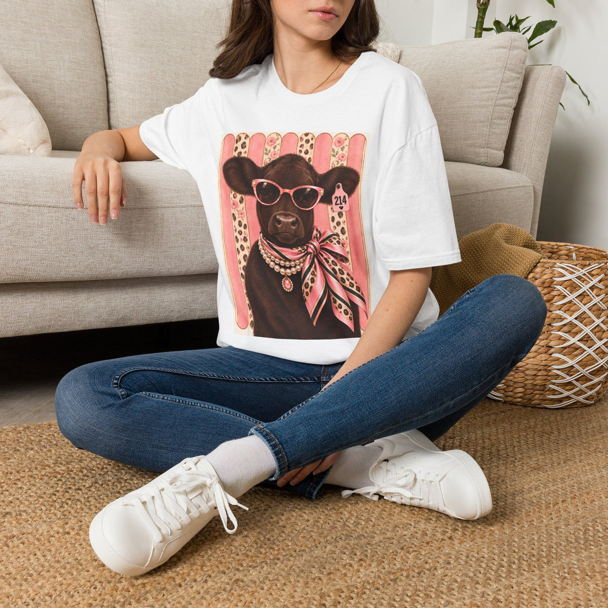 Cow Portrait T-Shirt — Glam Cow with Sunglasses & Scarf