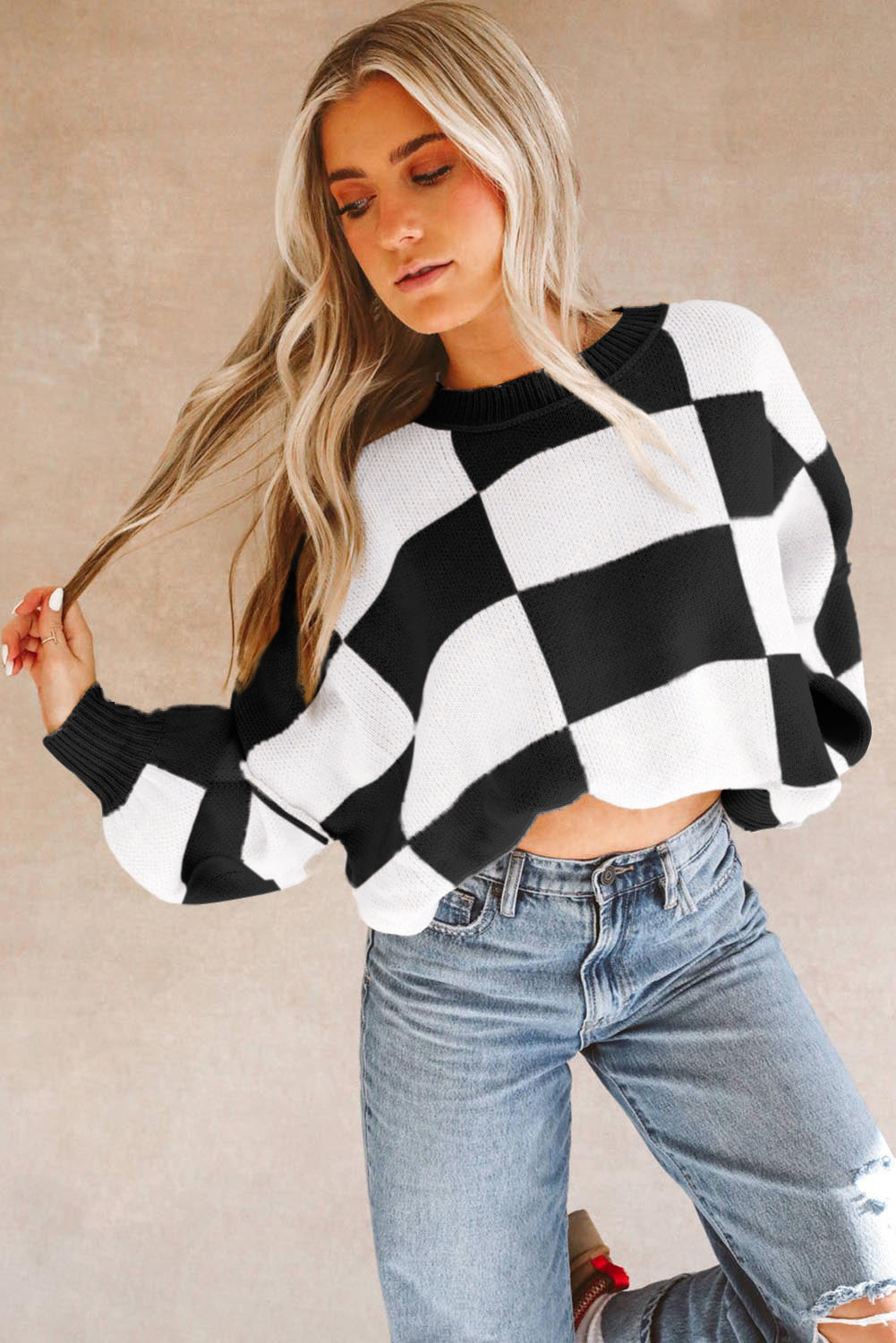 Fiery Red Checkered Bishop Sleeve Sweater