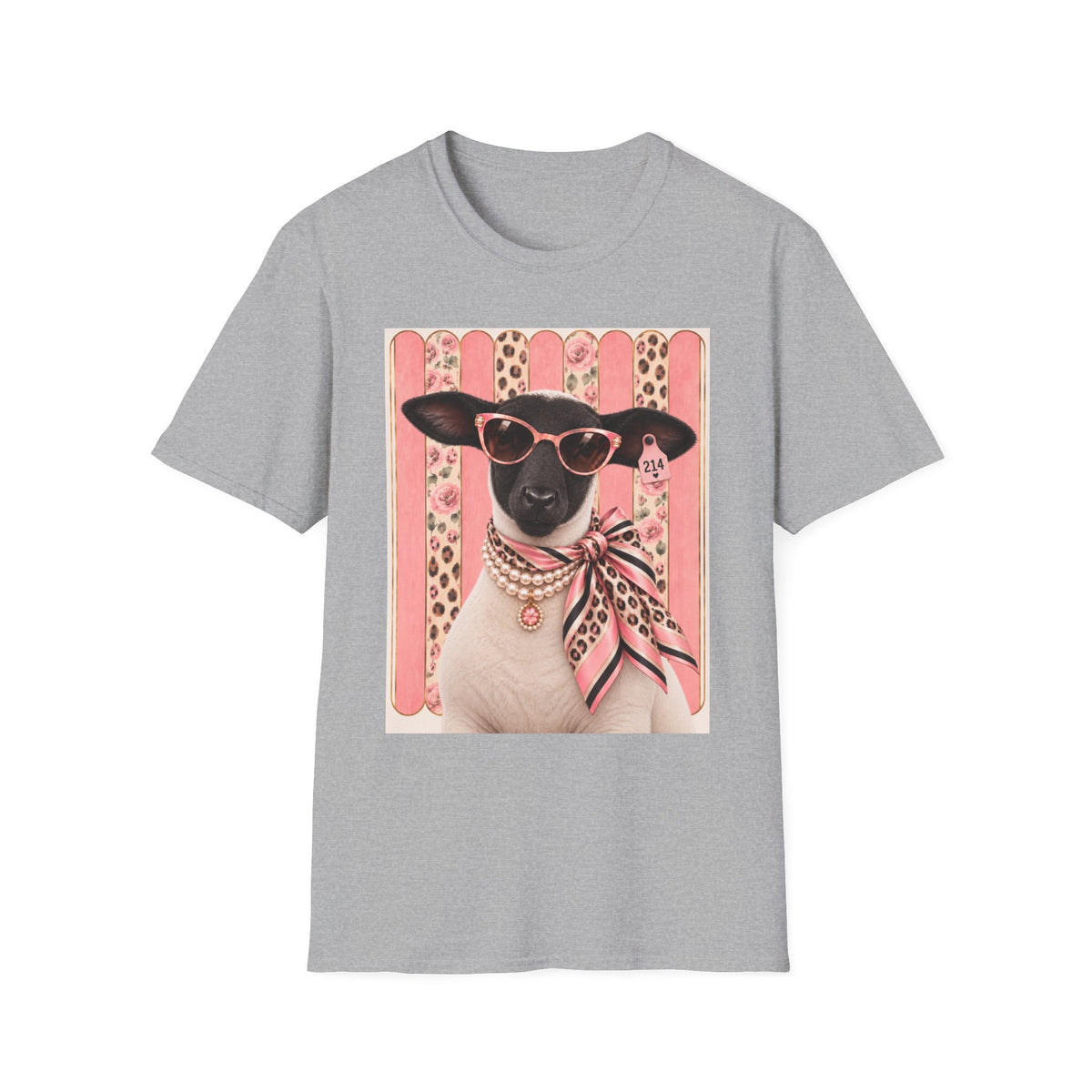 Retro Stylish Sheep T-Shirt — Pink Sunglasses & Polka-Dot Scarf Graphic