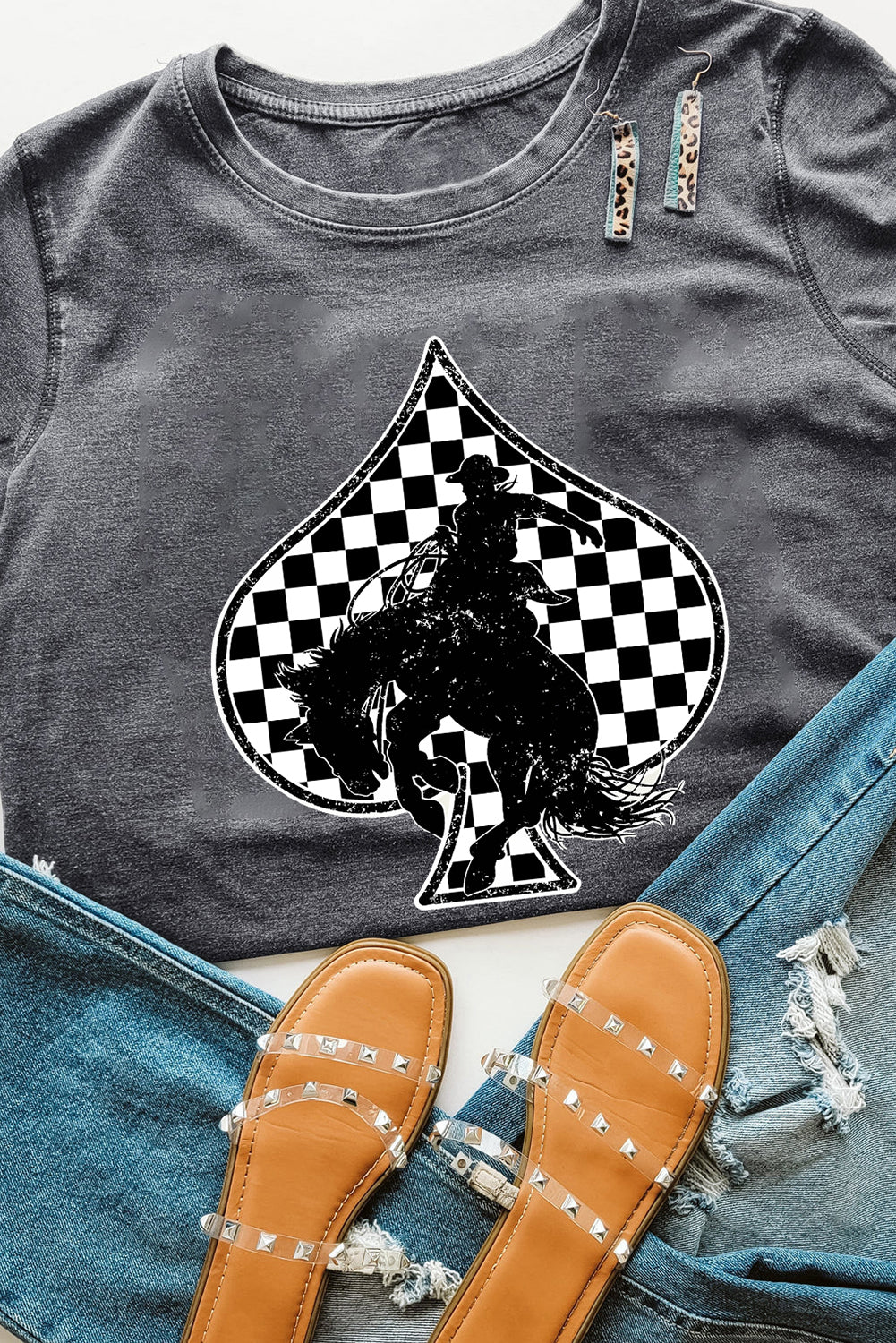 Gray Rodeo Check Spades Western Graphic T Shirt