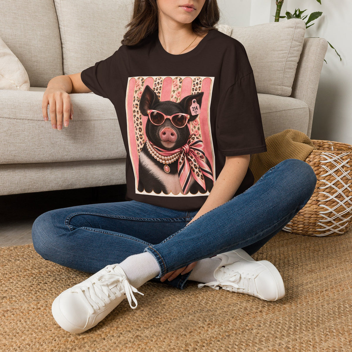 Pig Portrait T-Shirt — Retro Glam Pig with Sunglasses & Scarf