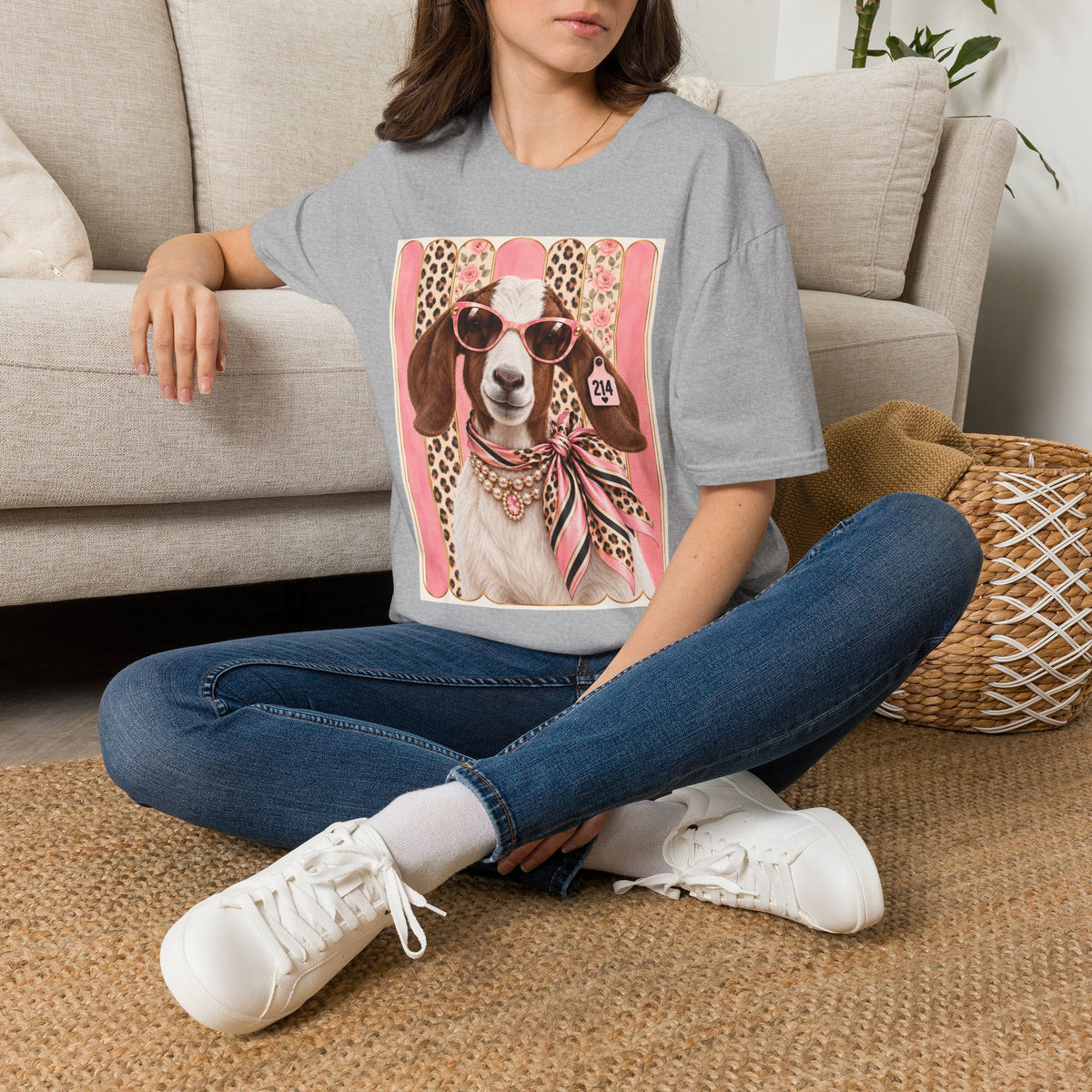 Retro Pink Leopard Goat T-Shirt — Cute Sunglasses Goat Graphic Tee