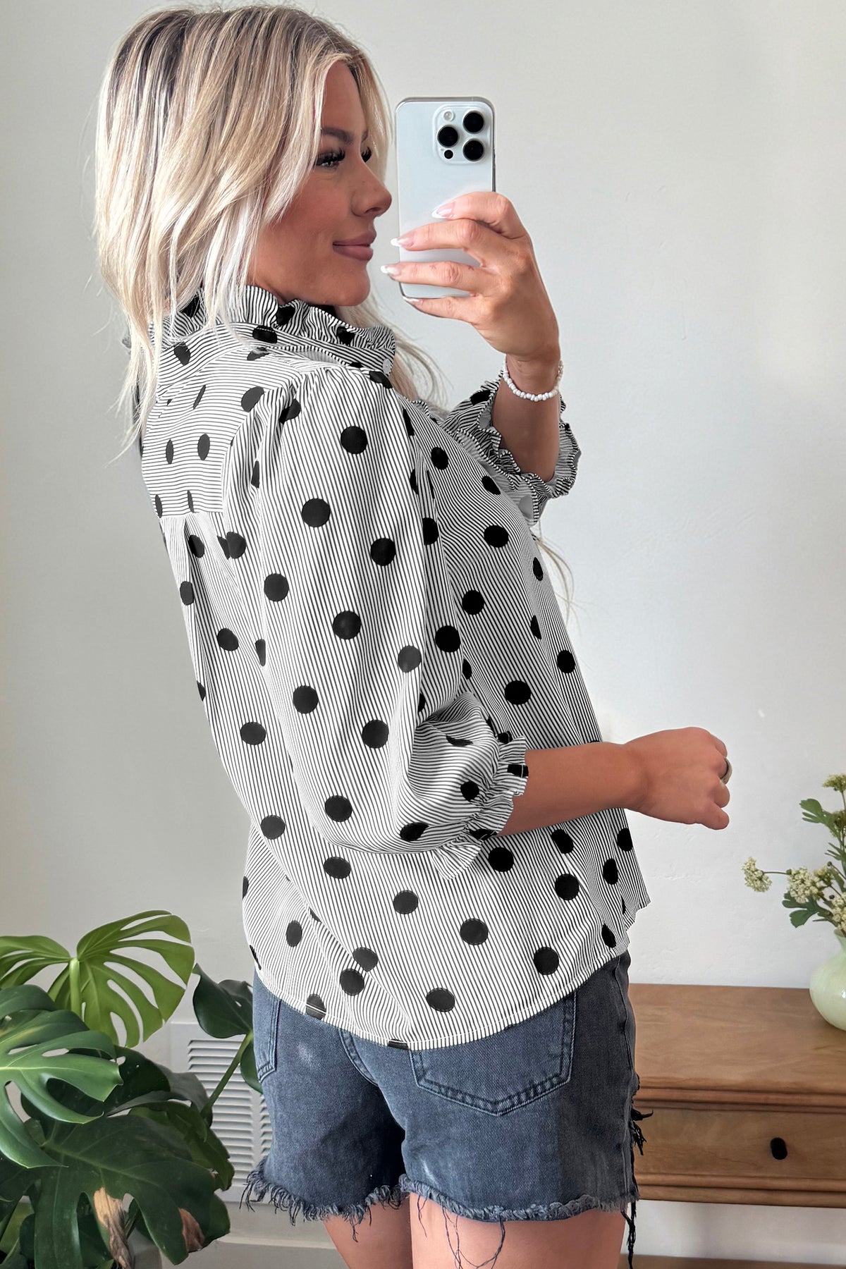 Fiery Red Polka Dot Striped Print Ruffle Stand Neck 3/4 Sleeve Shift Shirt