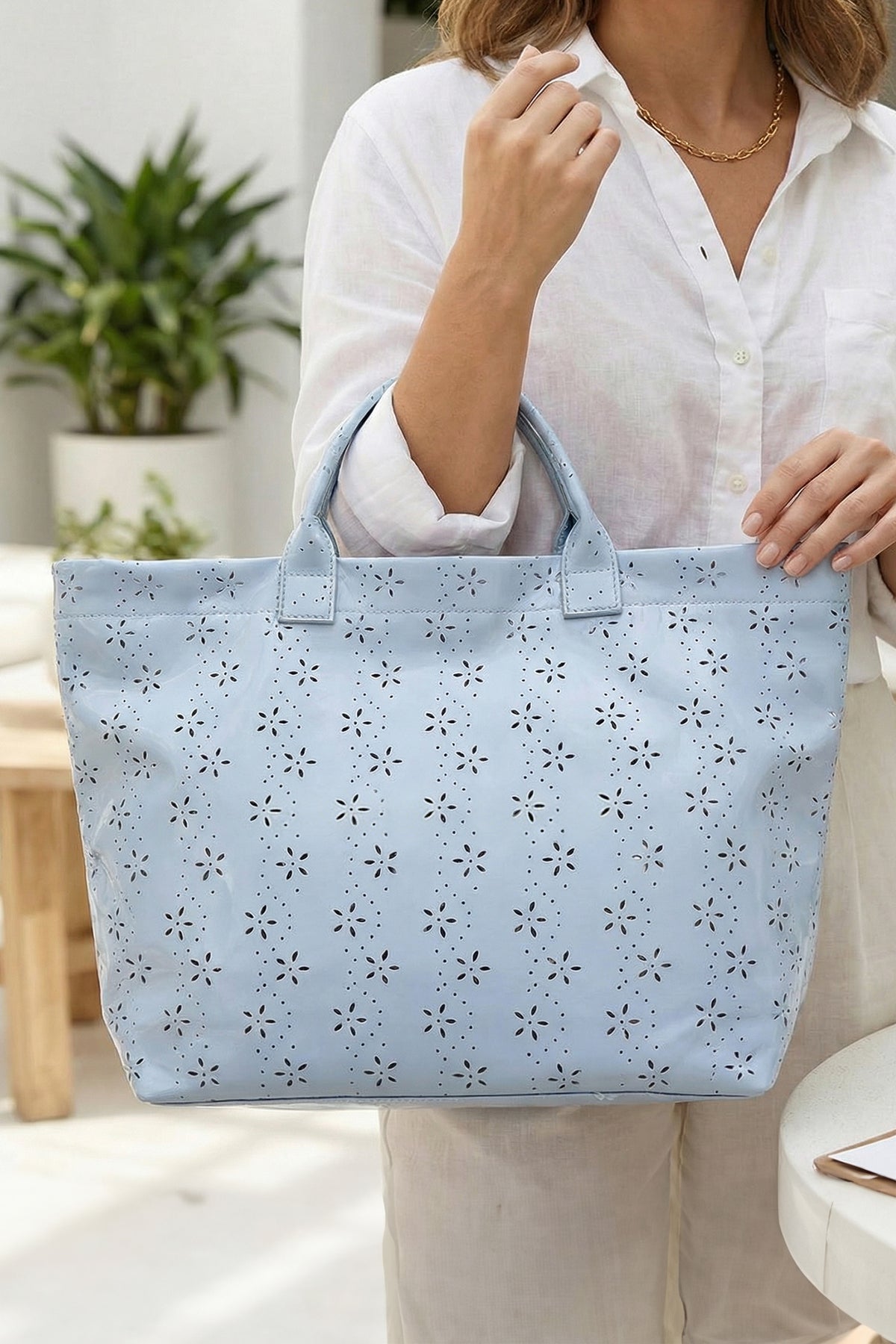 Orchid Eyelet Flower Pattern PVC Glossy Waterproof Tote Bag