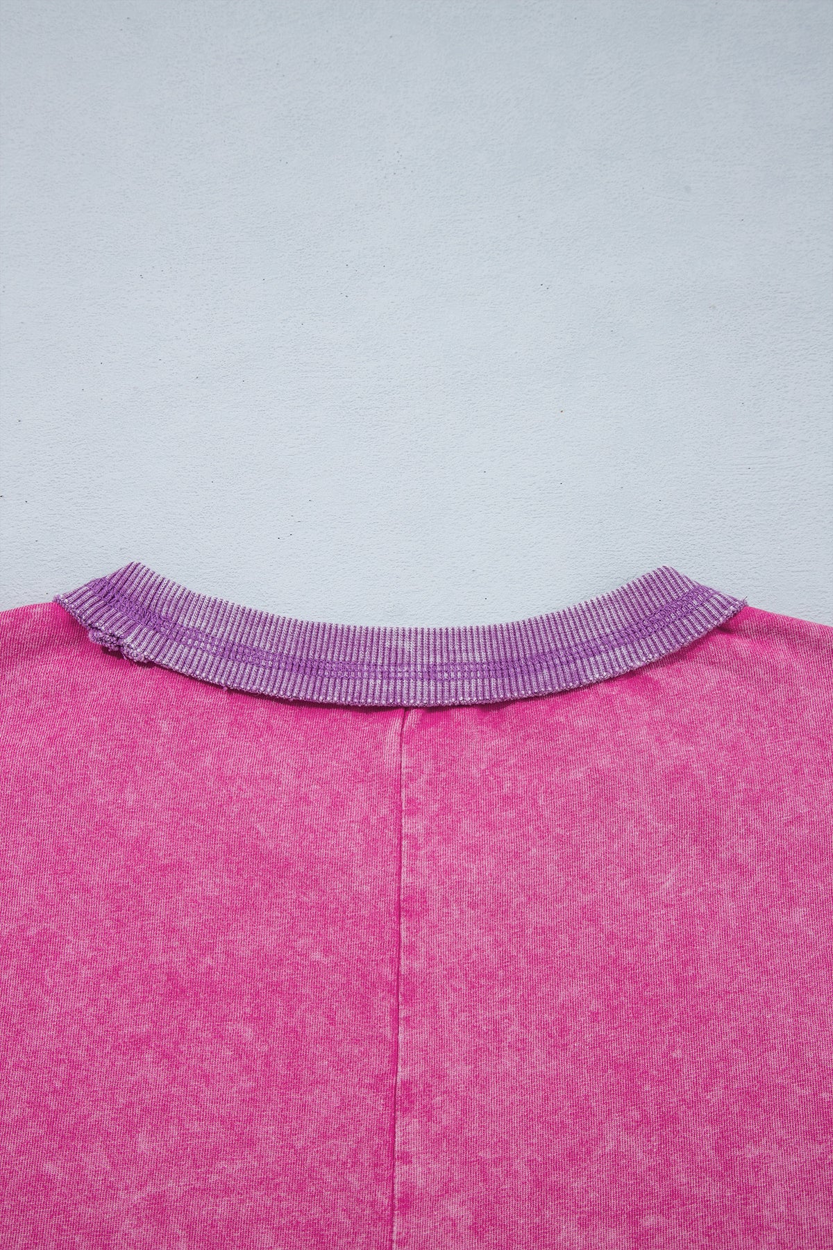 Strawberry Pink Mineral Wash Color Block Trim Bracelet Sleeve Pullover Top