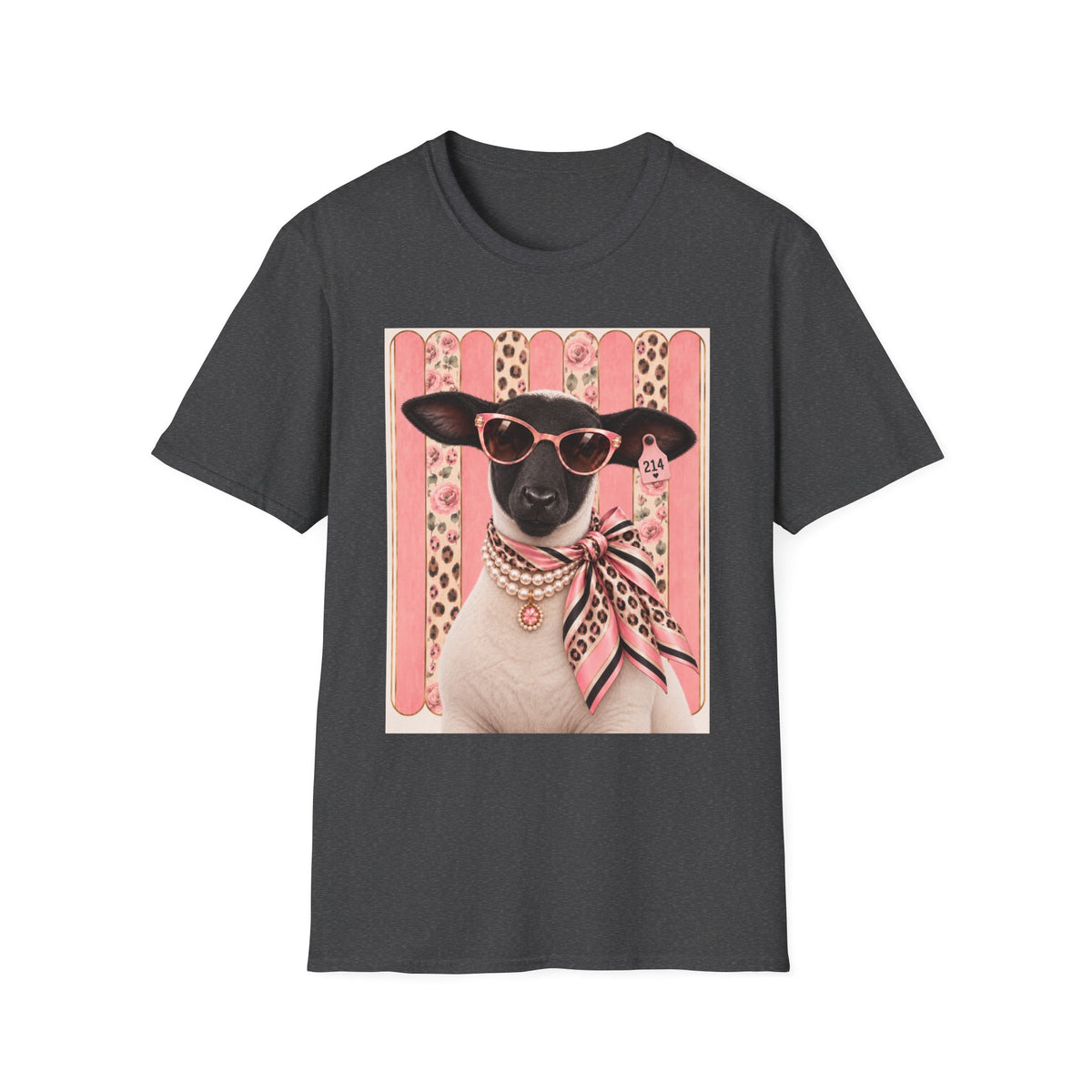 Retro Stylish Sheep T-Shirt — Pink Sunglasses & Polka-Dot Scarf Graphic