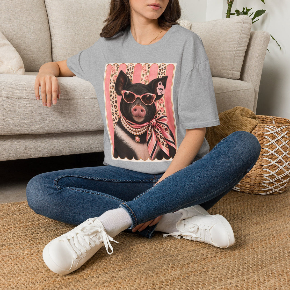 Pig Portrait T-Shirt — Retro Glam Pig with Sunglasses & Scarf