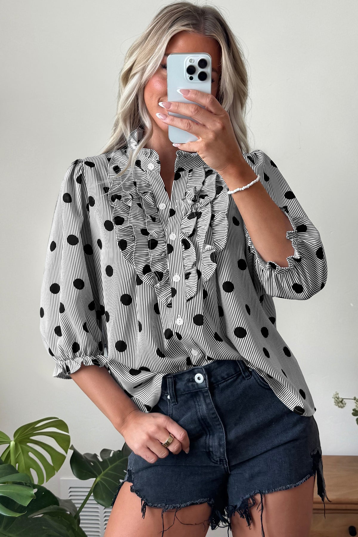 Fiery Red Polka Dot Striped Print Ruffle Stand Neck 3/4 Sleeve Shift Shirt