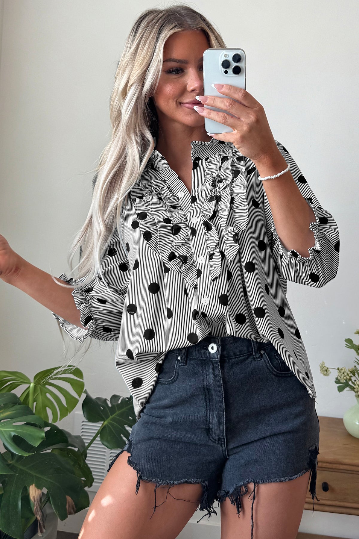 Fiery Red Polka Dot Striped Print Ruffle Stand Neck 3/4 Sleeve Shift Shirt