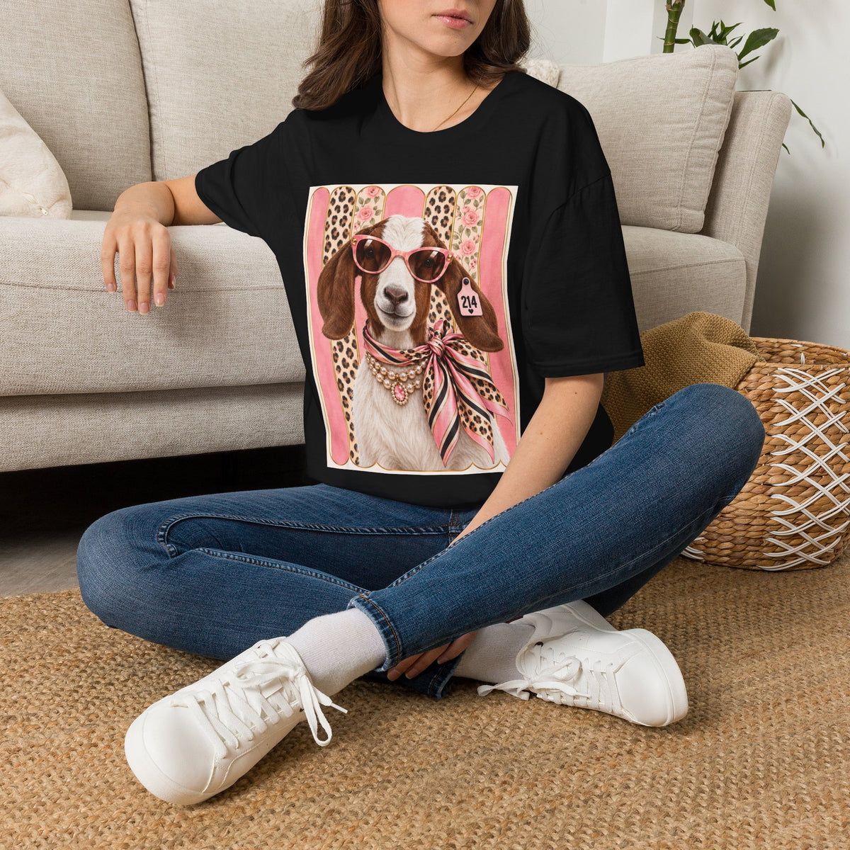 Retro Pink Leopard Goat T-Shirt — Cute Sunglasses Goat Graphic Tee