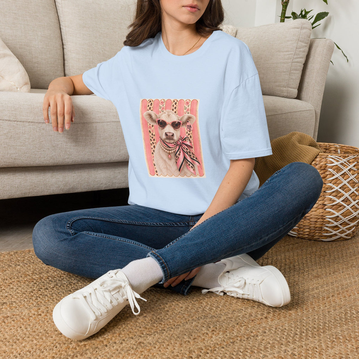 Cow Portrait T-Shirt — Chic Cow with Sunglasses & Scarf Vintage Farm Animal Tee