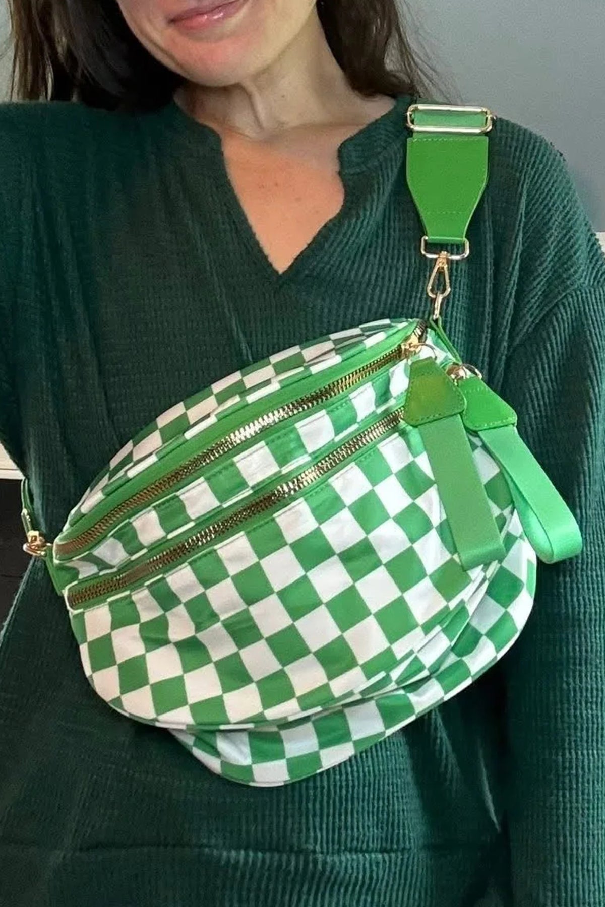 Chestnut Checkered Print Wide Strap Large Crossbody Bag