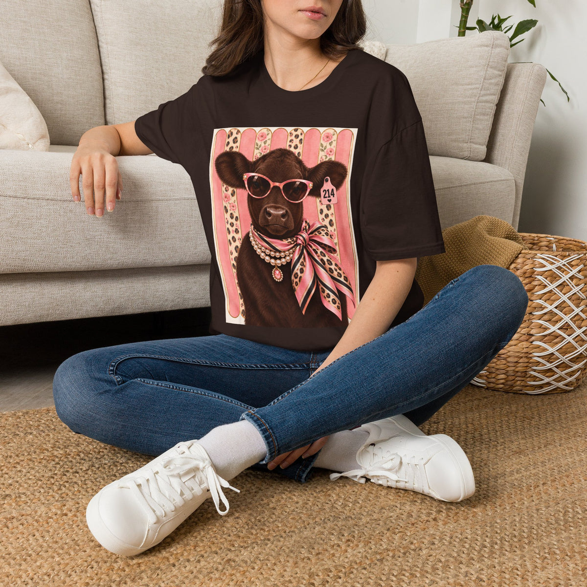 Cow Portrait T-Shirt — Glam Cow with Sunglasses & Scarf