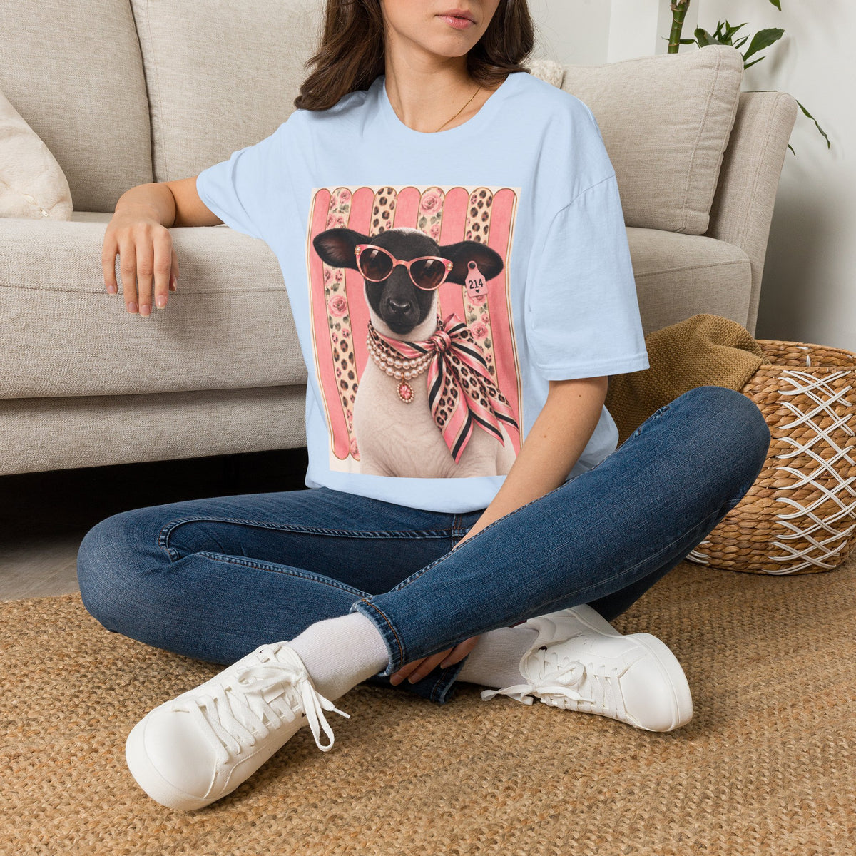 Retro Stylish Sheep T-Shirt — Pink Sunglasses & Polka-Dot Scarf Graphic