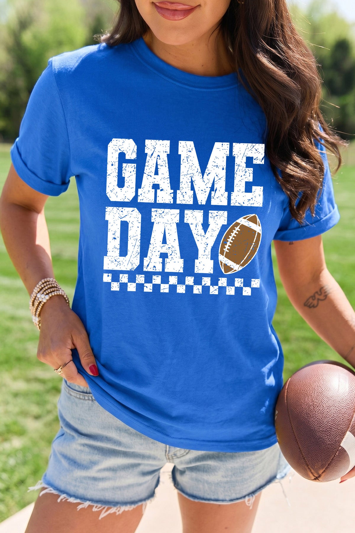 Dark Blue GAME DAY Checkered Print Football Graphic T Shirt