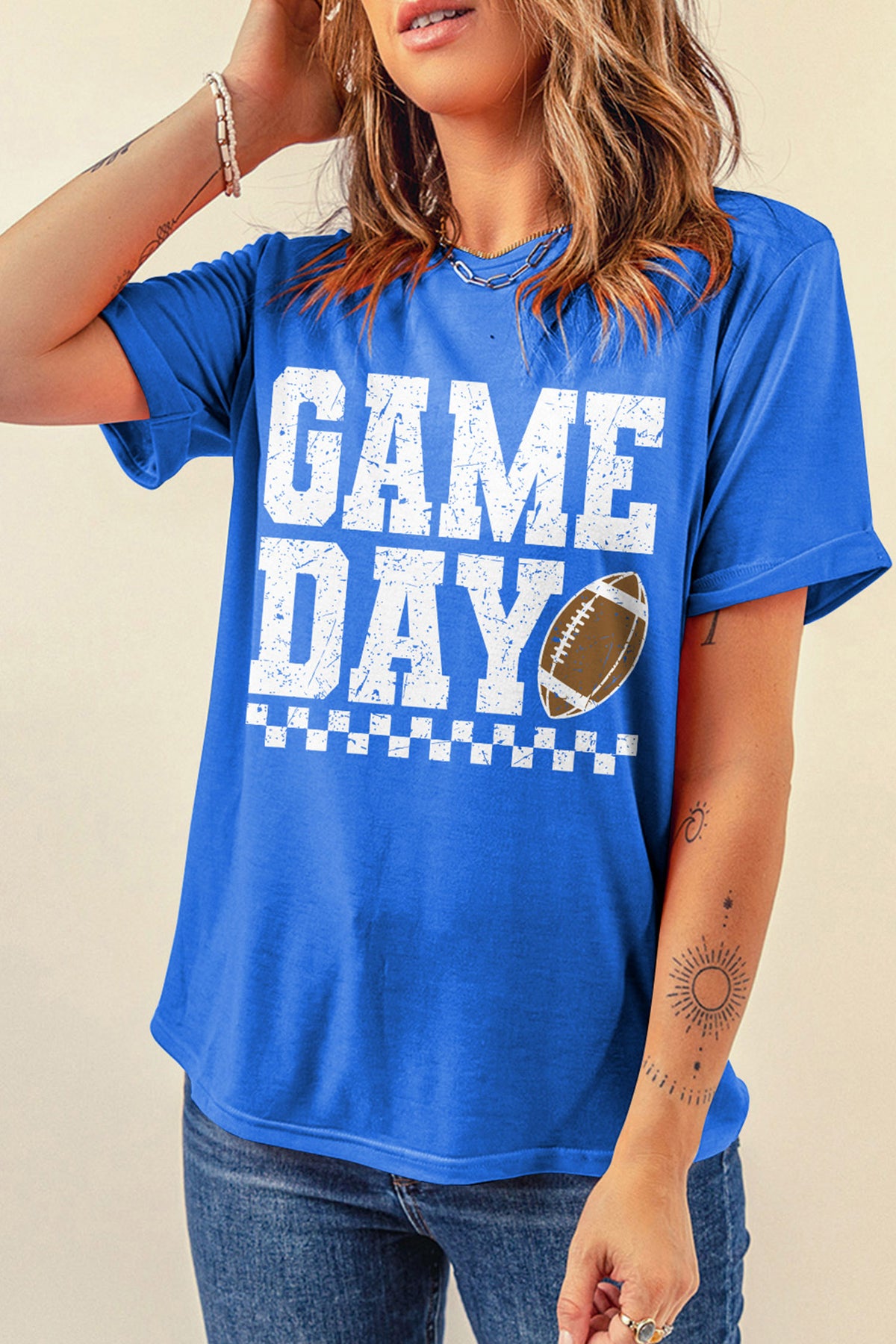Dark Blue GAME DAY Checkered Print Football Graphic T Shirt