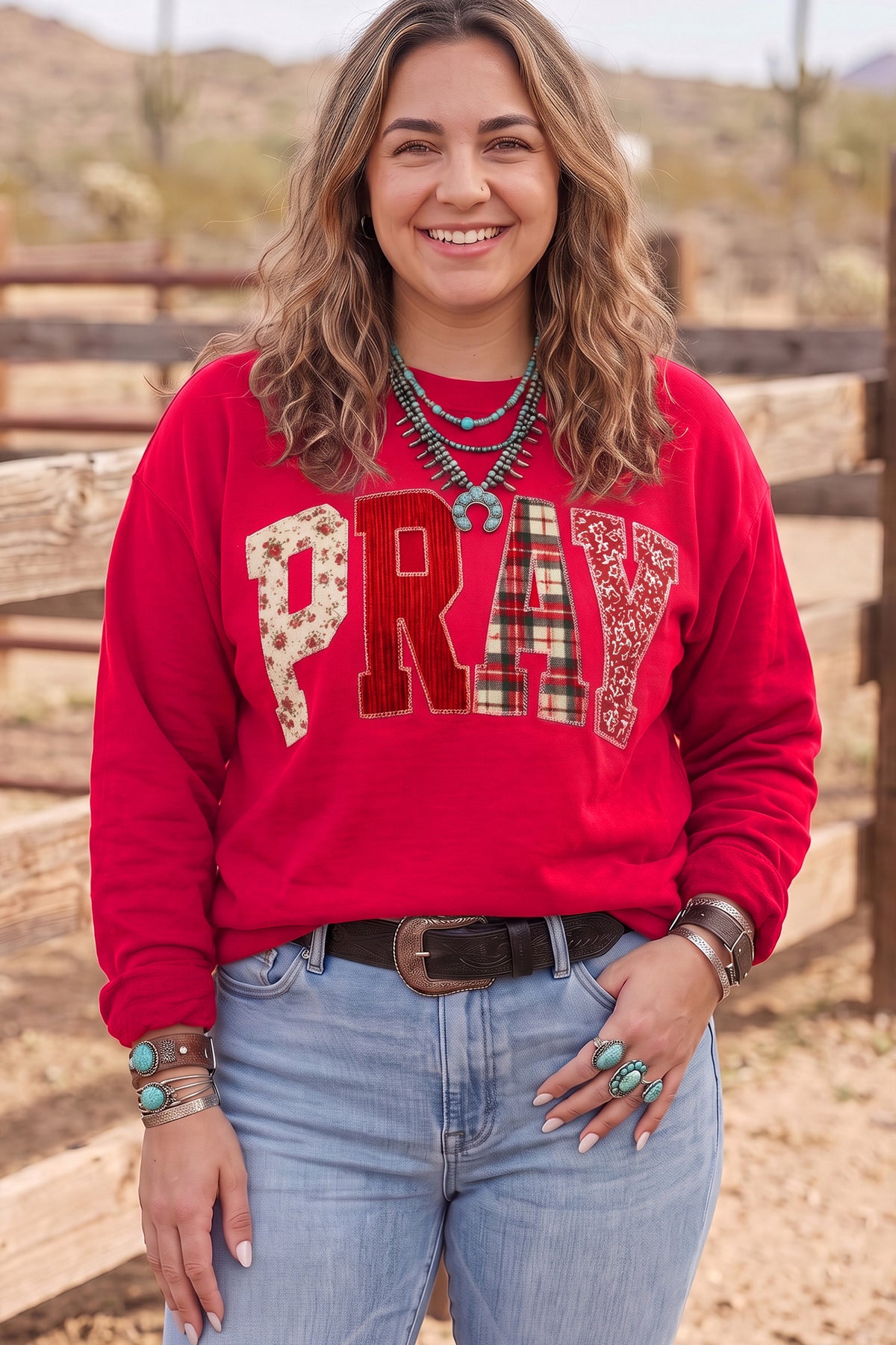 Coffee PRAY Letter Patchwork Round Neck Long Sleeve Plus Size Sweatshirt