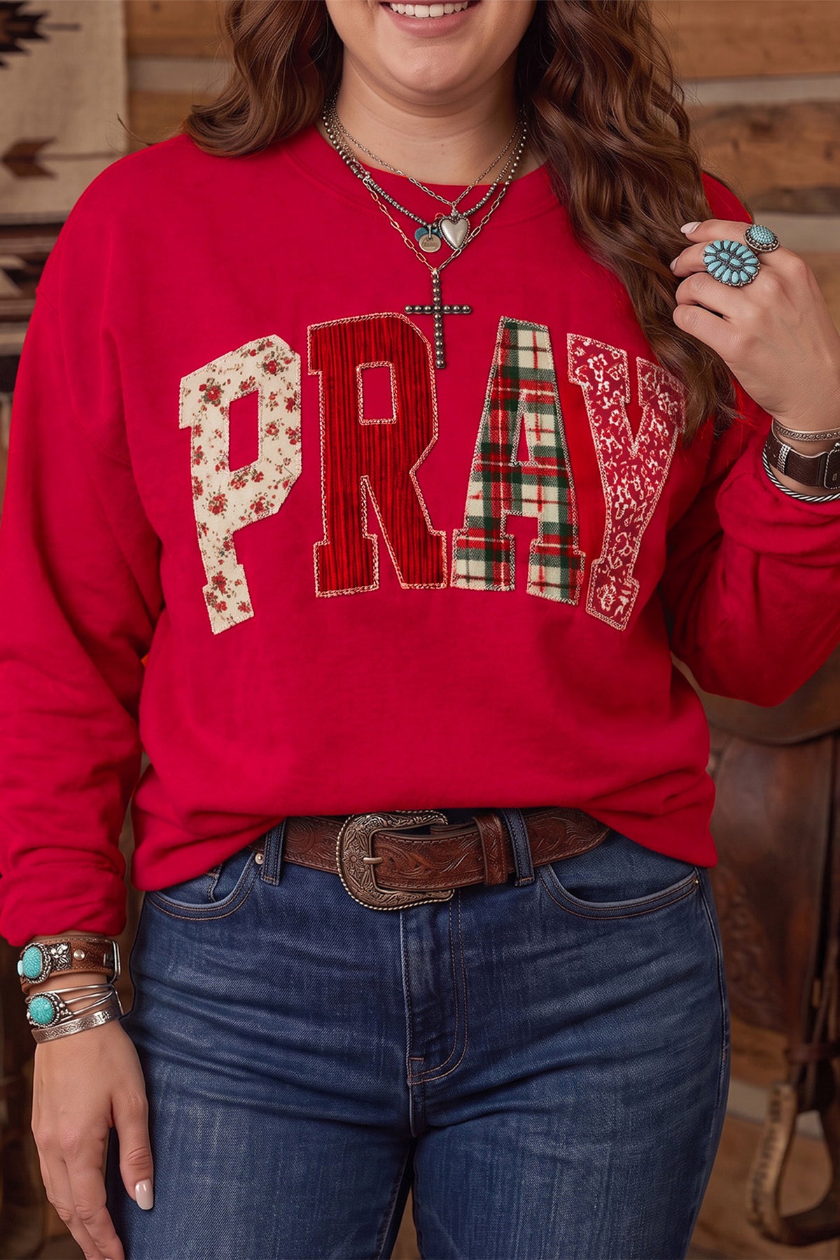 Coffee PRAY Letter Patchwork Round Neck Long Sleeve Plus Size Sweatshirt