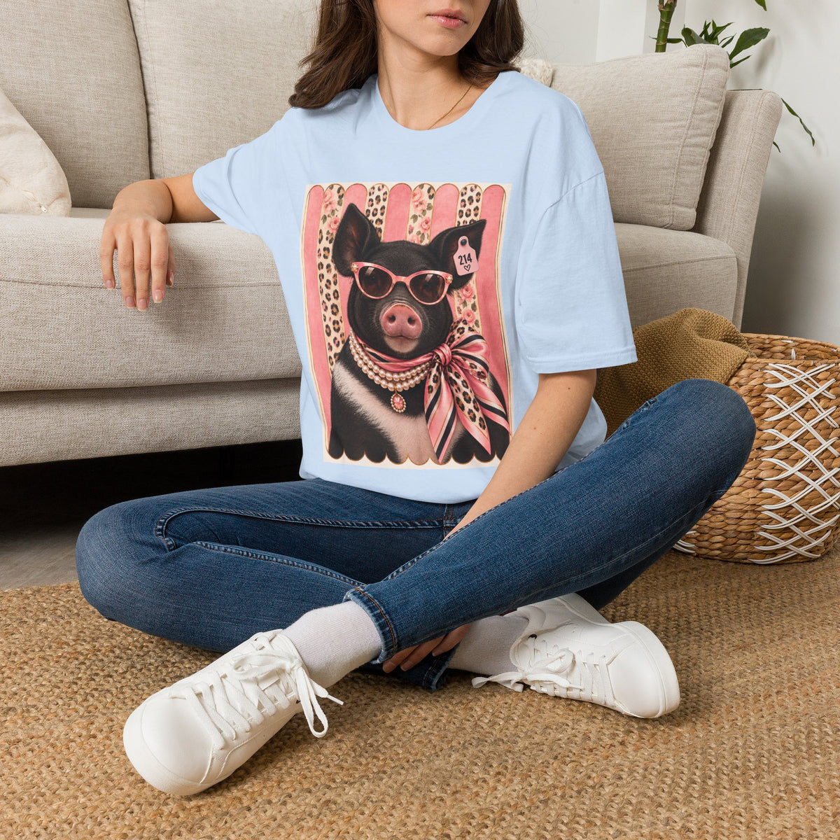 Pig Portrait T-Shirt — Retro Glam Pig with Sunglasses & Scarf