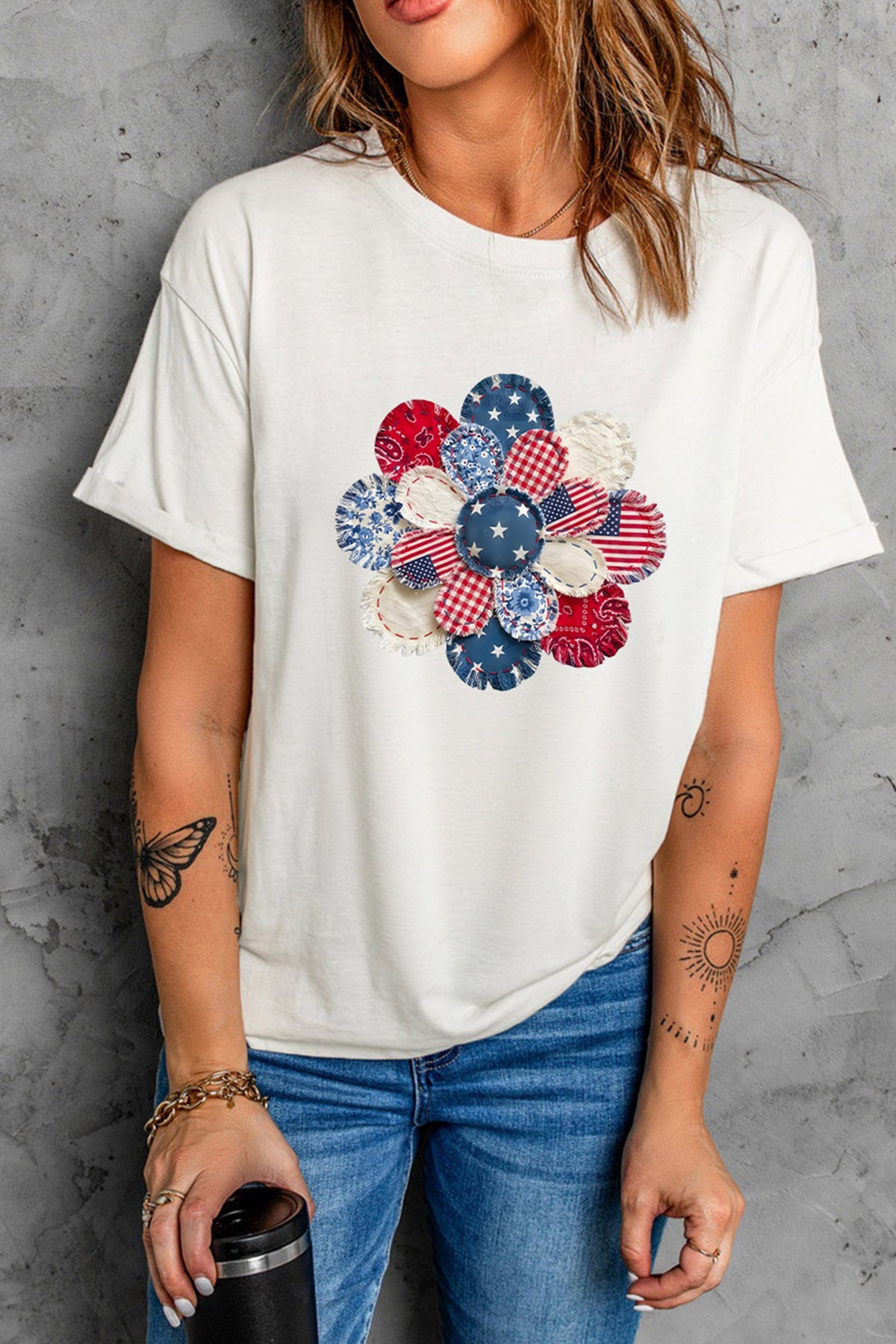 White Faux Patchwork Patriotic Flower Printed T Shirt