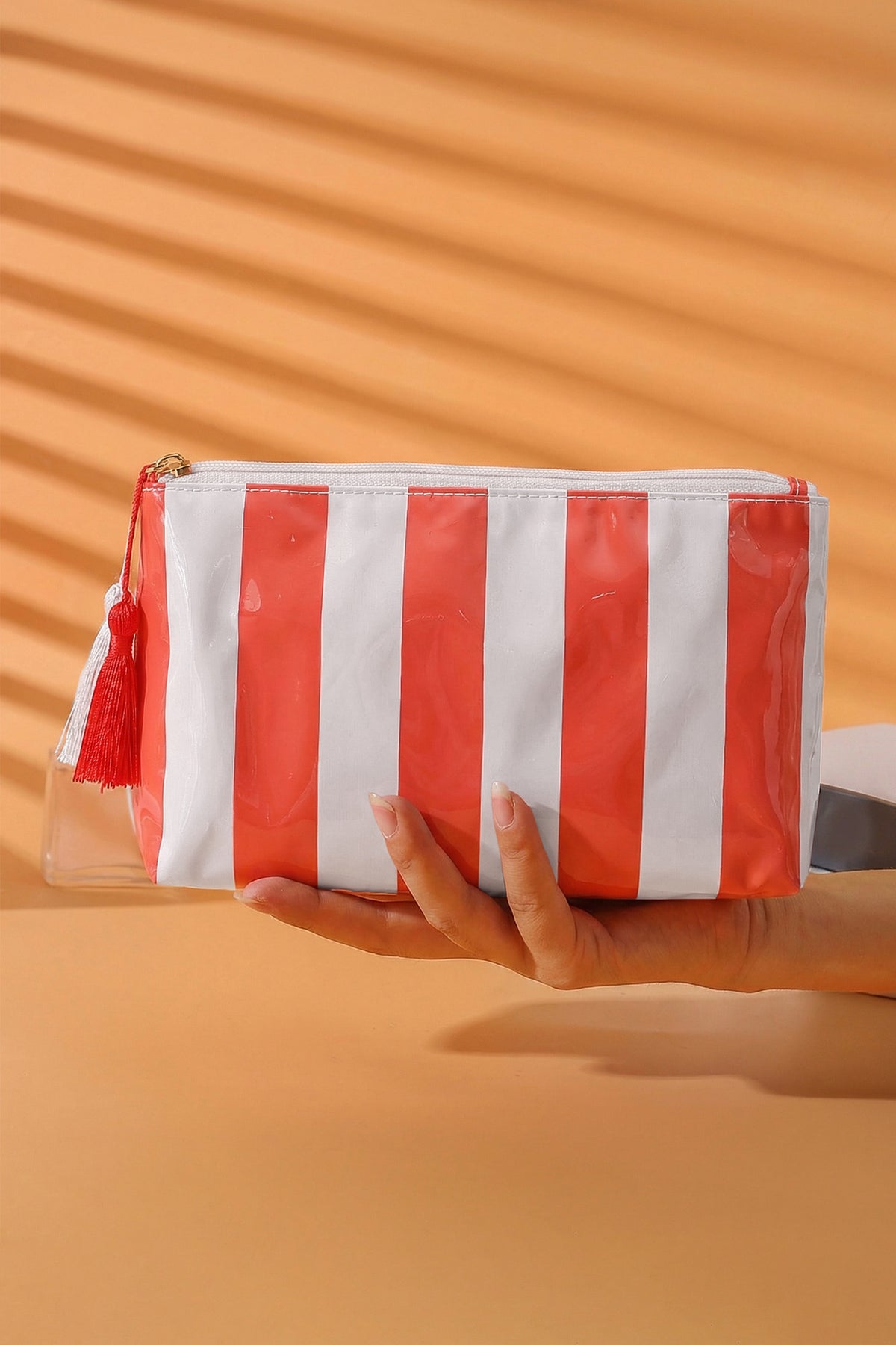 Dark Green Striped Vinyl Waterproof Tassel Zipper Makeup Bag
