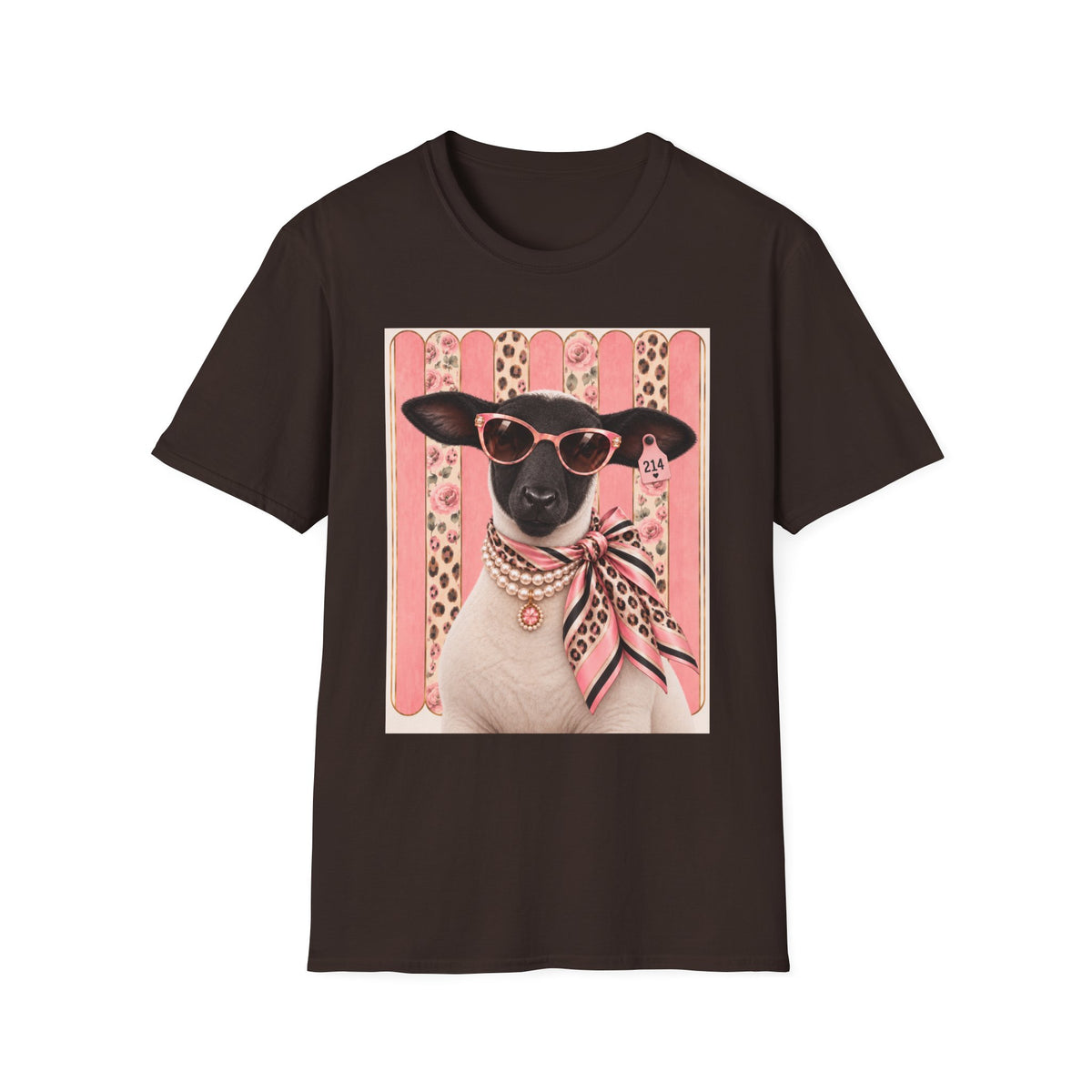 Retro Stylish Sheep T-Shirt — Pink Sunglasses & Polka-Dot Scarf Graphic