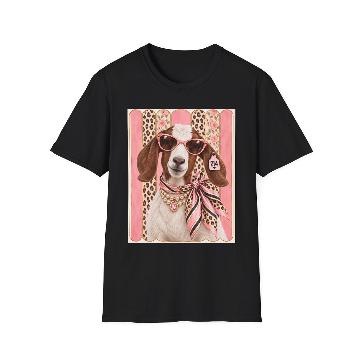 Retro Pink Leopard Goat T-Shirt — Cute Sunglasses Goat Graphic Tee